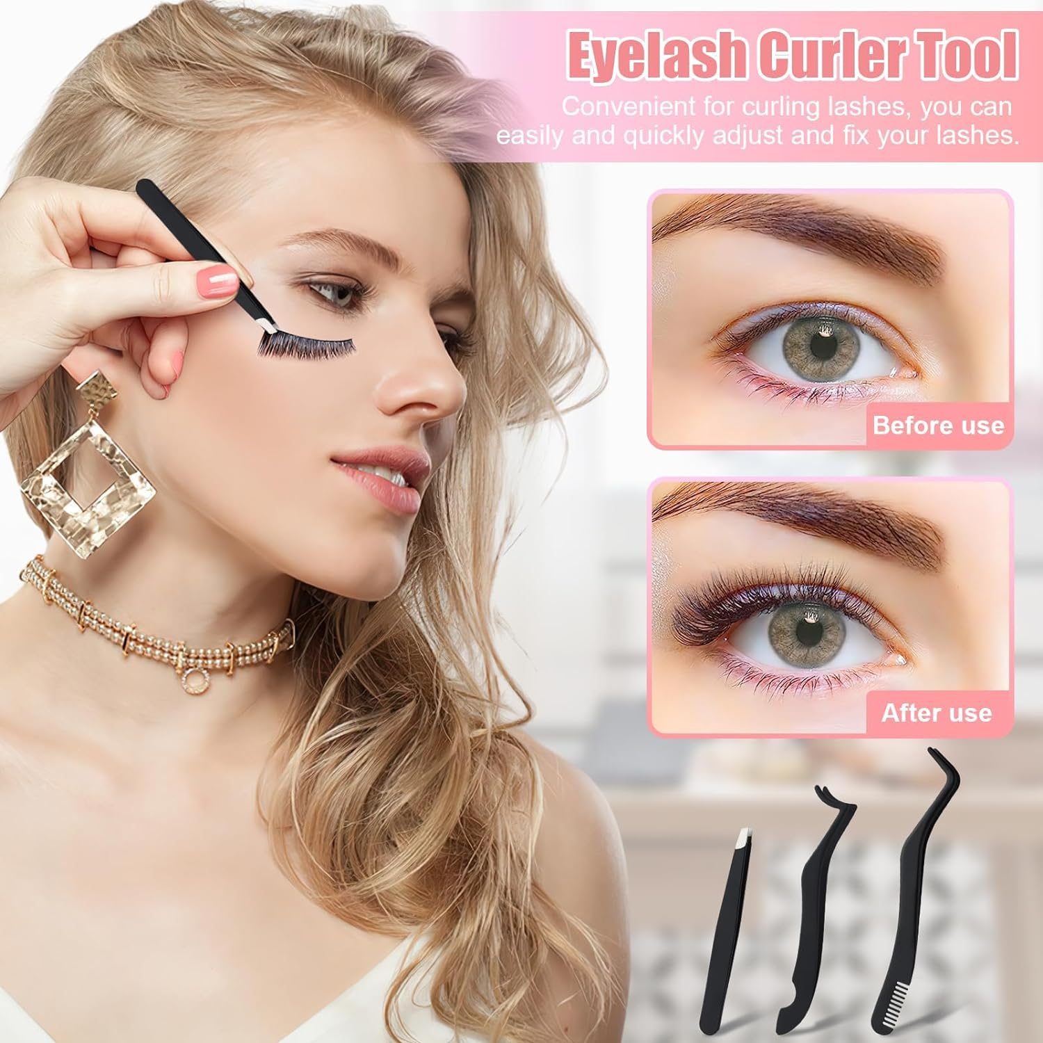 Eyelash Applicator Tool, 3 Pcs Stainless Steel Lash Tweezers, Lash Applicator Tool for Girls, Women, Makeup Artists (Black) image number 2