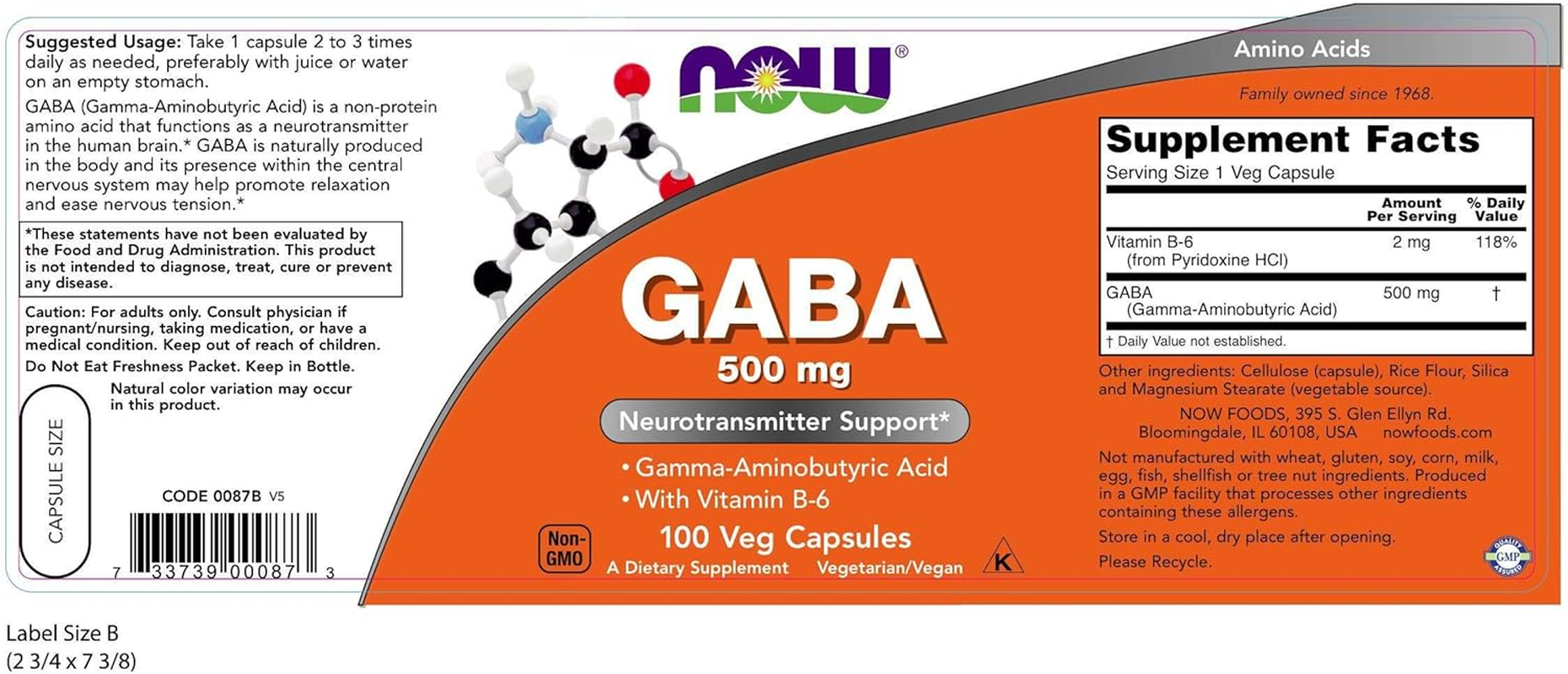 NOW Foods - GABA with Vitamin B6 500 Mg. - 100 Capsules image number 1