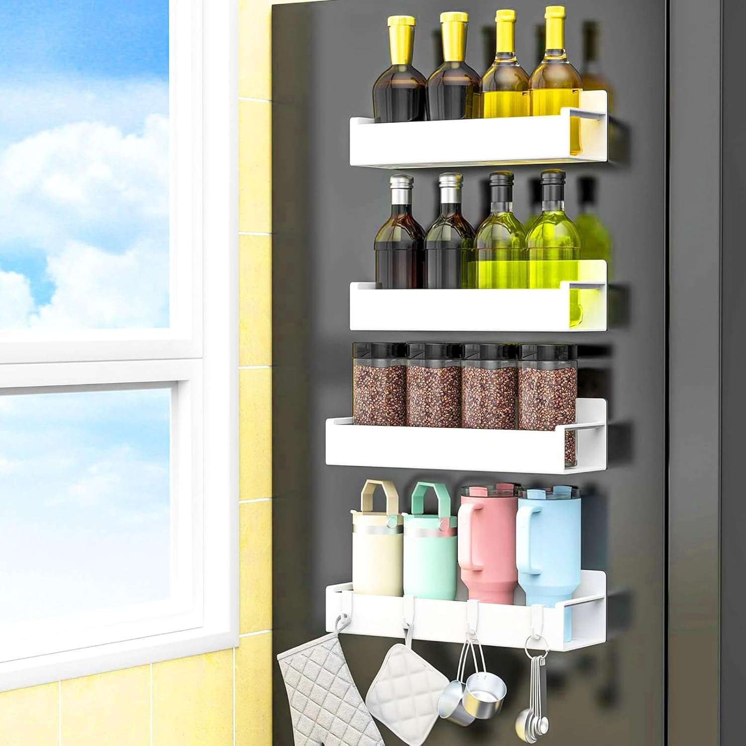 4 Pack Magnetic Spice Rack Organizer for Refrigerator, Magnetic Shelf for Refrigerator and Microwave Oven, Metal Fridge Organizers and Storage for Kitchen (Black)