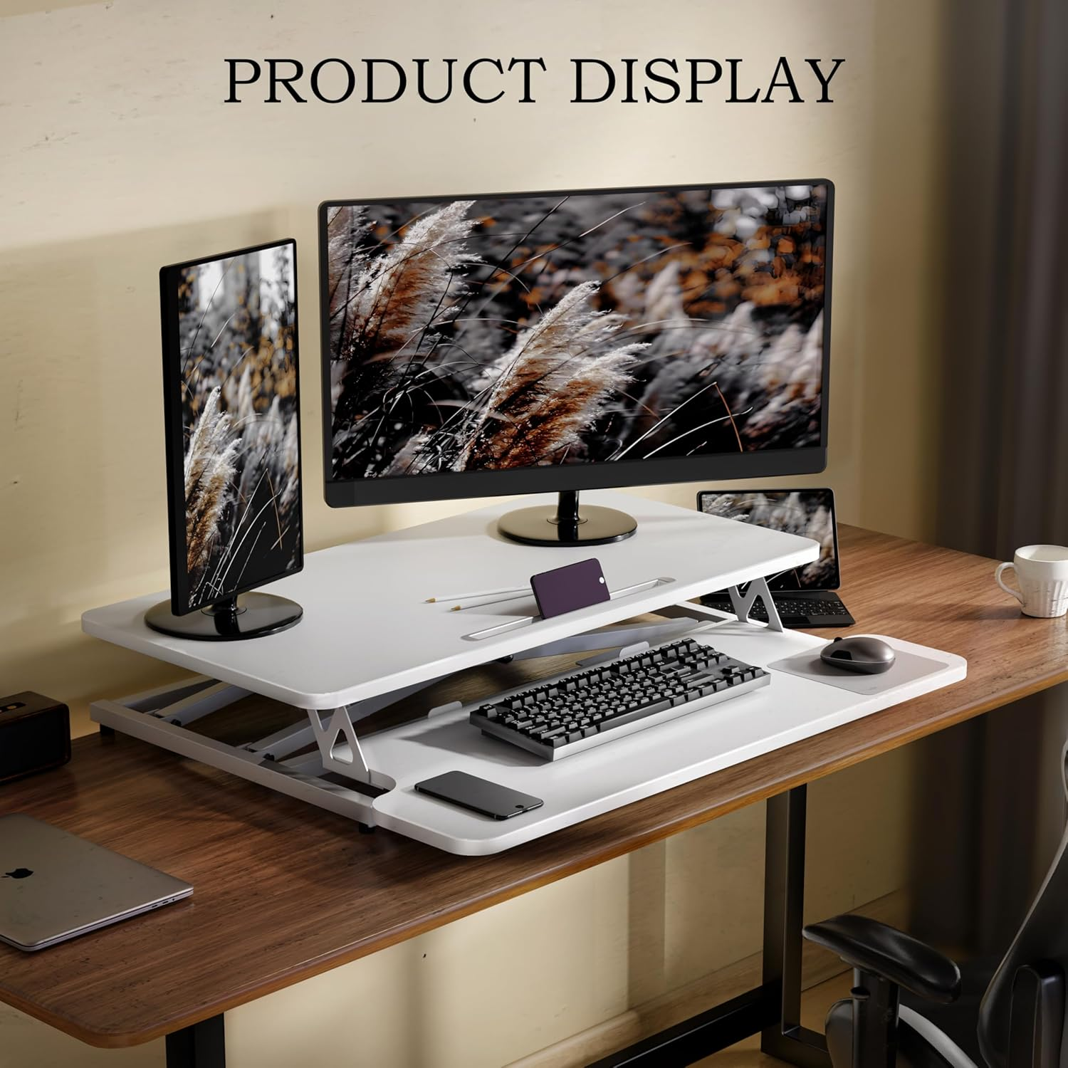 ERGOMAKER 101Cm Standing Desk Converter, Height Adjustable Sit to Stand Riser, Dual Monitor and Laptop Workstation with Wide Keyboard Tray, White image number 4