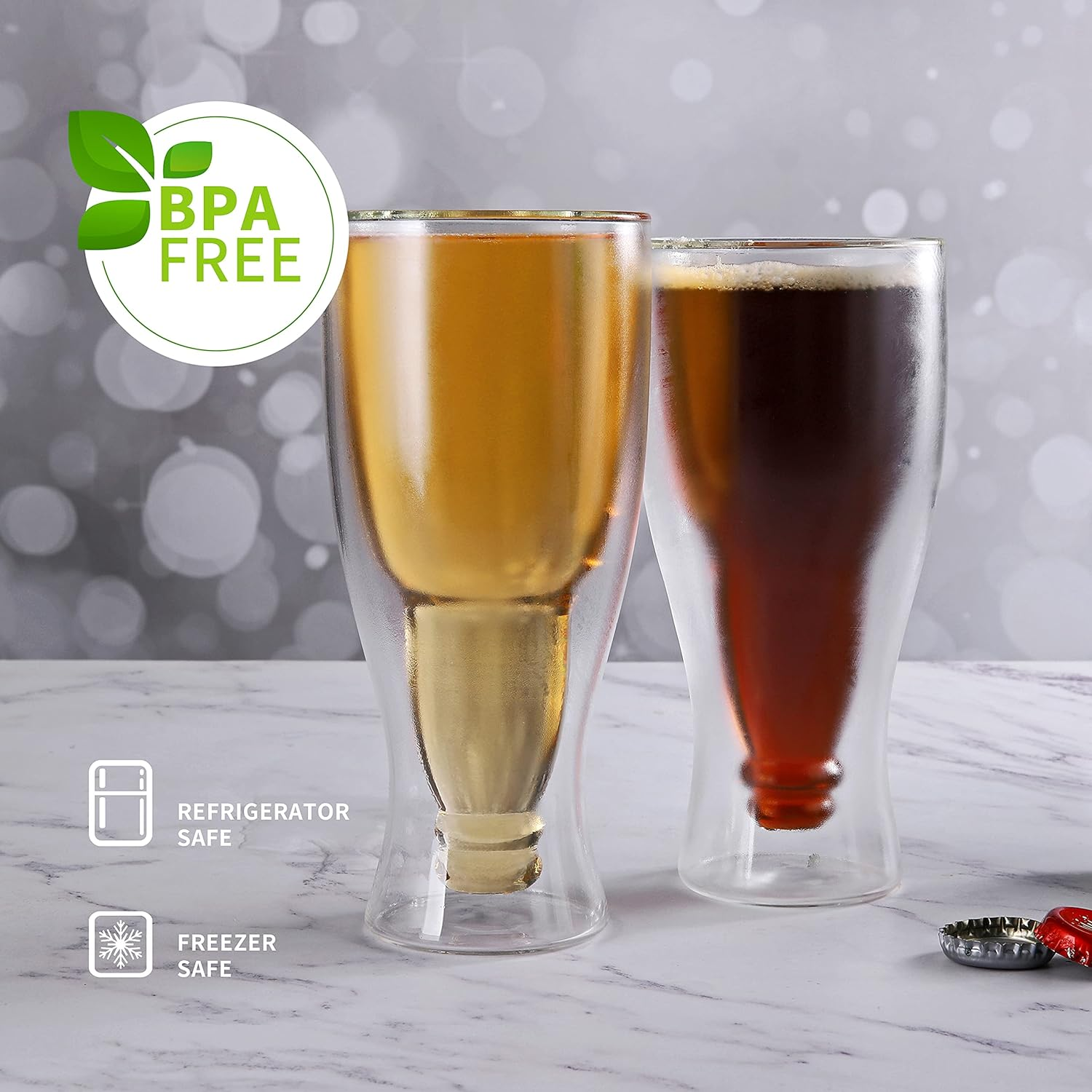 Cnglass Beer Glasses 13.5Oz,Double Wall Insulated Upside down Glass,Set of 2, Durable Beer Glassware for Cold Drinks image number 6