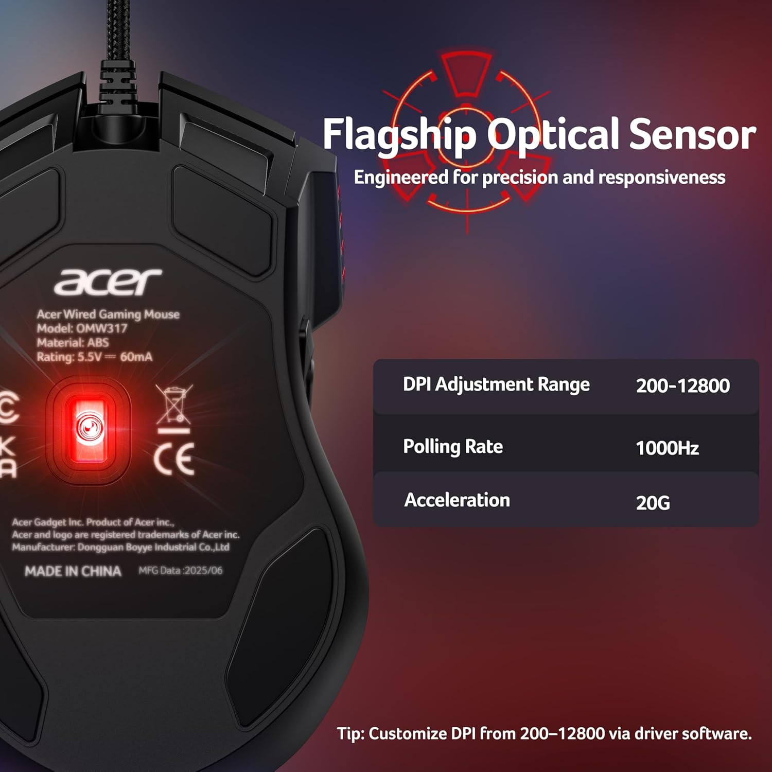 Acer Wired Gaming Mouse 12800 DPI, Computer Mouse Gaming with Cord [Driver-Supported] 8 Programmable Buttons, Rapid Fire, 1000Hz Polling Rate, 12 RGB Backlights, Optical Tracking Mice for PC Laptops image number 6