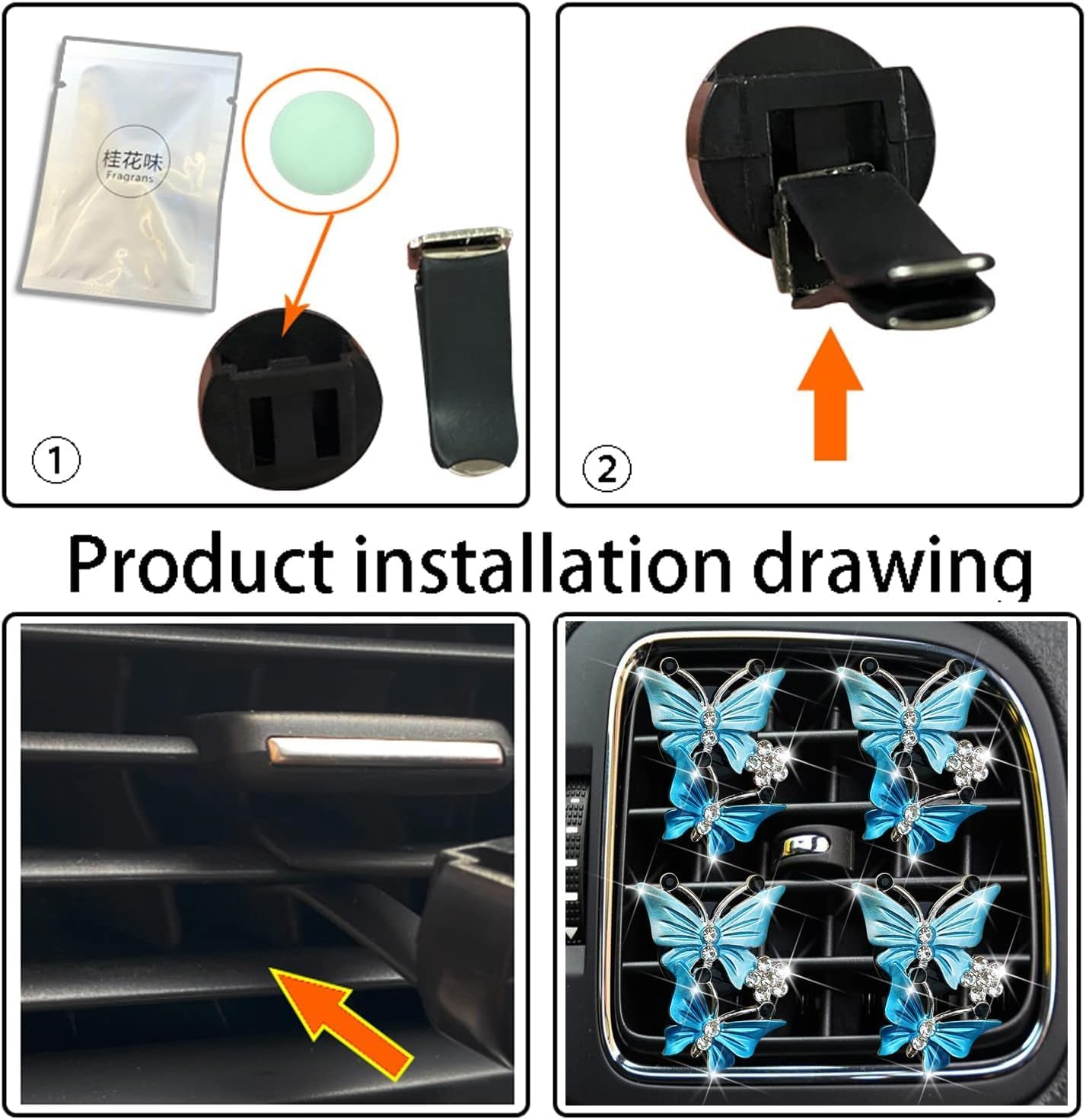 4Pcs Blue Car Air Fresheners, Dual Butterfly Diamond Rhinestone Vent Clips, Sparkly Car Decoration, Interior Decor Bling Accessories