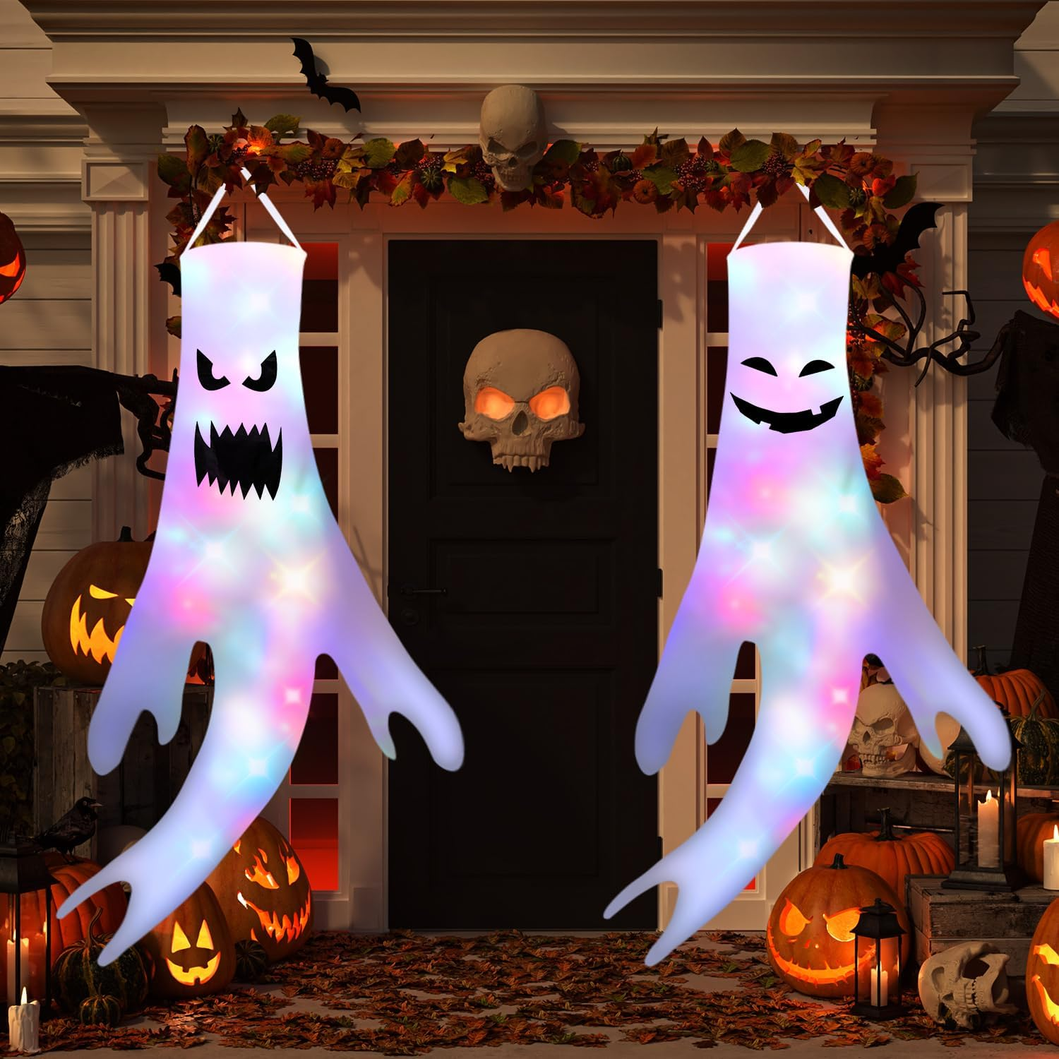 AUTOWT 2 PCS Halloween Ghost Windsocks with LED Lights, 51 Inch Light up Scary Hanging Ghost Windsocks Decor, Halloween Decorations for Home Indoor Outdoor Yard Party Supplies image number 6