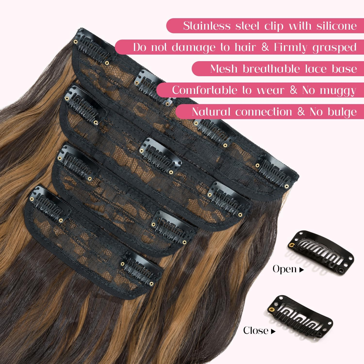Hairro Clip in Hair Extensions, 20 Inch Long Wavy Hairpieces, Natural & Soft, 4PCS Black Mixed Light Brown Hair Extensions, 200G