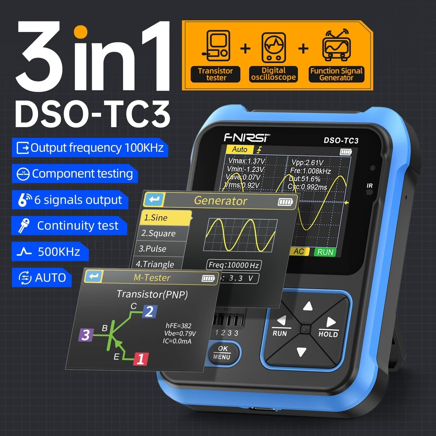 DSO-TC3 Oscilloscope 3-In-1 Handheld Oscilloscope DDS Signal Generator Transistor Tester Portable Oscilloscope 500Khz Bandwidth 10Msa/S Sampling Rate, 6 Types of Waveforms, Transistors Measure image number 2