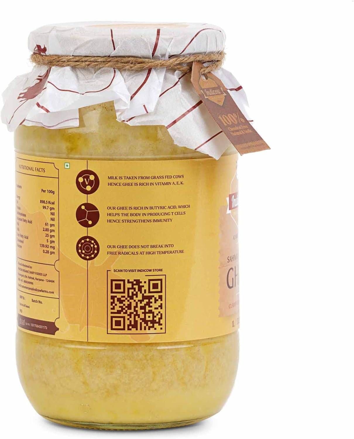 Indicow Organic Dairy Foods Pure Authentic A2 Ghee (1000Ml(1Ltr), Sahiwal)