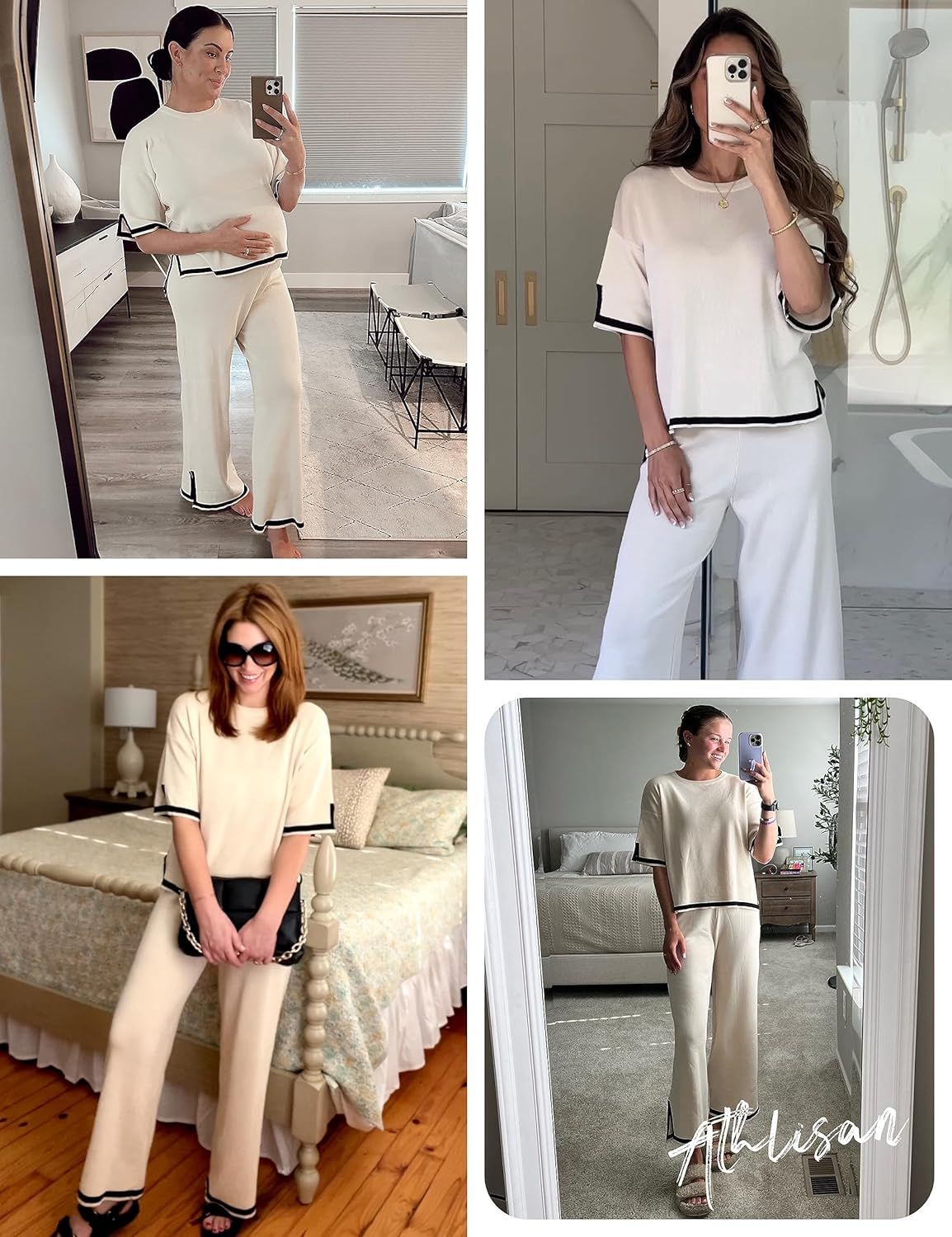 Women 2 Piece Sweater Set Short Sleeve Knit Pullover Tops High Waist Wide Leg Pants image number 1