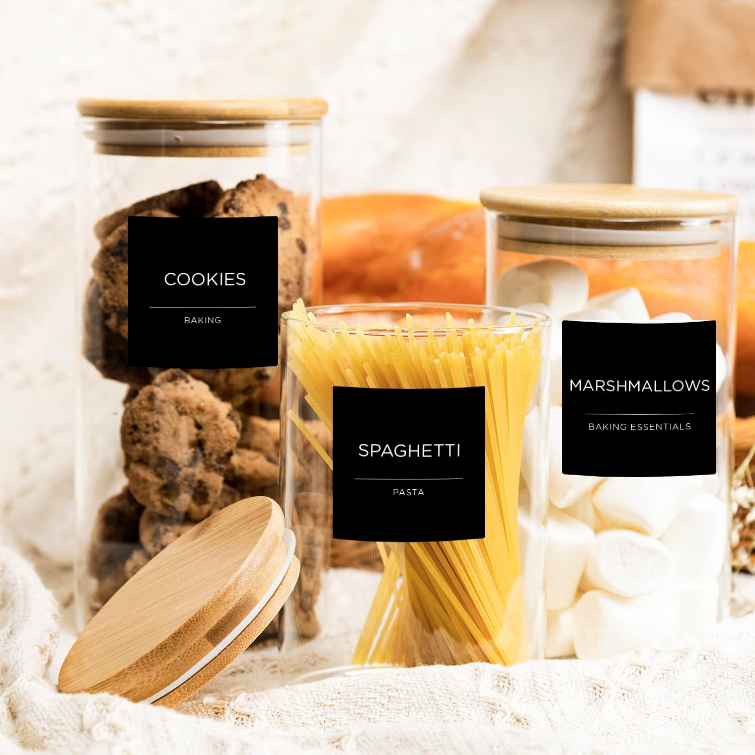 168 Pantry Labels, Prefdo Minimalist Farmhouse Waterproof Preprinted Food Name Stickers + Numbers for Kitchen Organization Storage Containers, Jars & Canisters (Black) image number 1