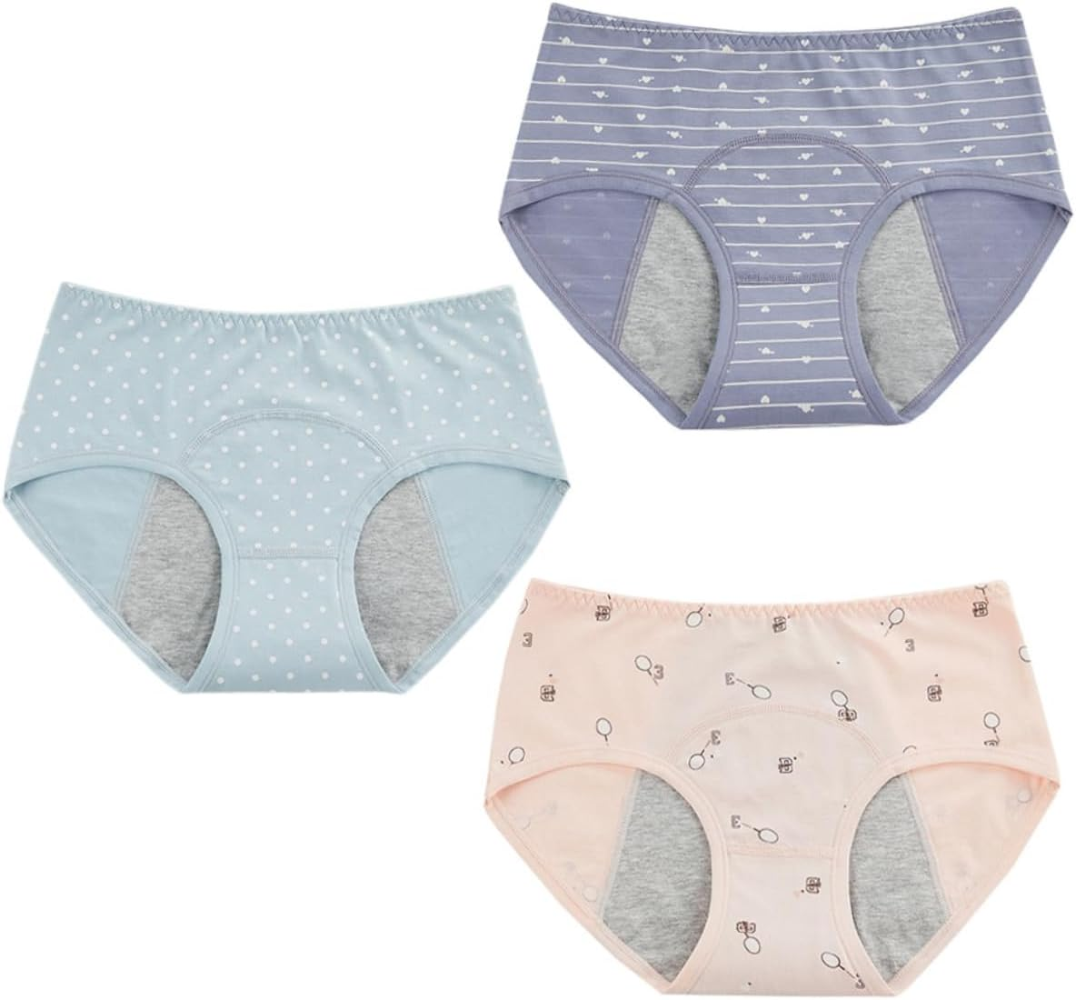 SHERCHPRY 3Pcs Heavy Overnight Period Underwear Women Mid-Waist Sanitary Pants Leak and Absorbent Shrimp Lake Blue Gray Blue image number 1