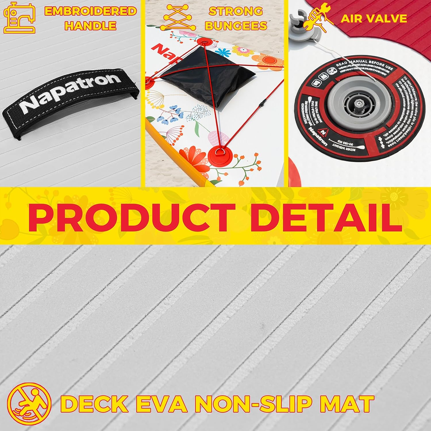 Napatron Family Inflatable SUP Paddleboard,Stable Wide Design,350Lbs Capacity,Complete Paddle Board Package with Fast Action Pump,Leash,Ideal for Beginners/Youth & Allskill Levels image number 2