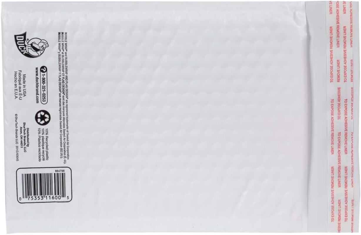 Duck Brand Bubble Wrap Cushioned Poly Mailers, White, #0-6 X 9 Inches, 25-Pack (664796)