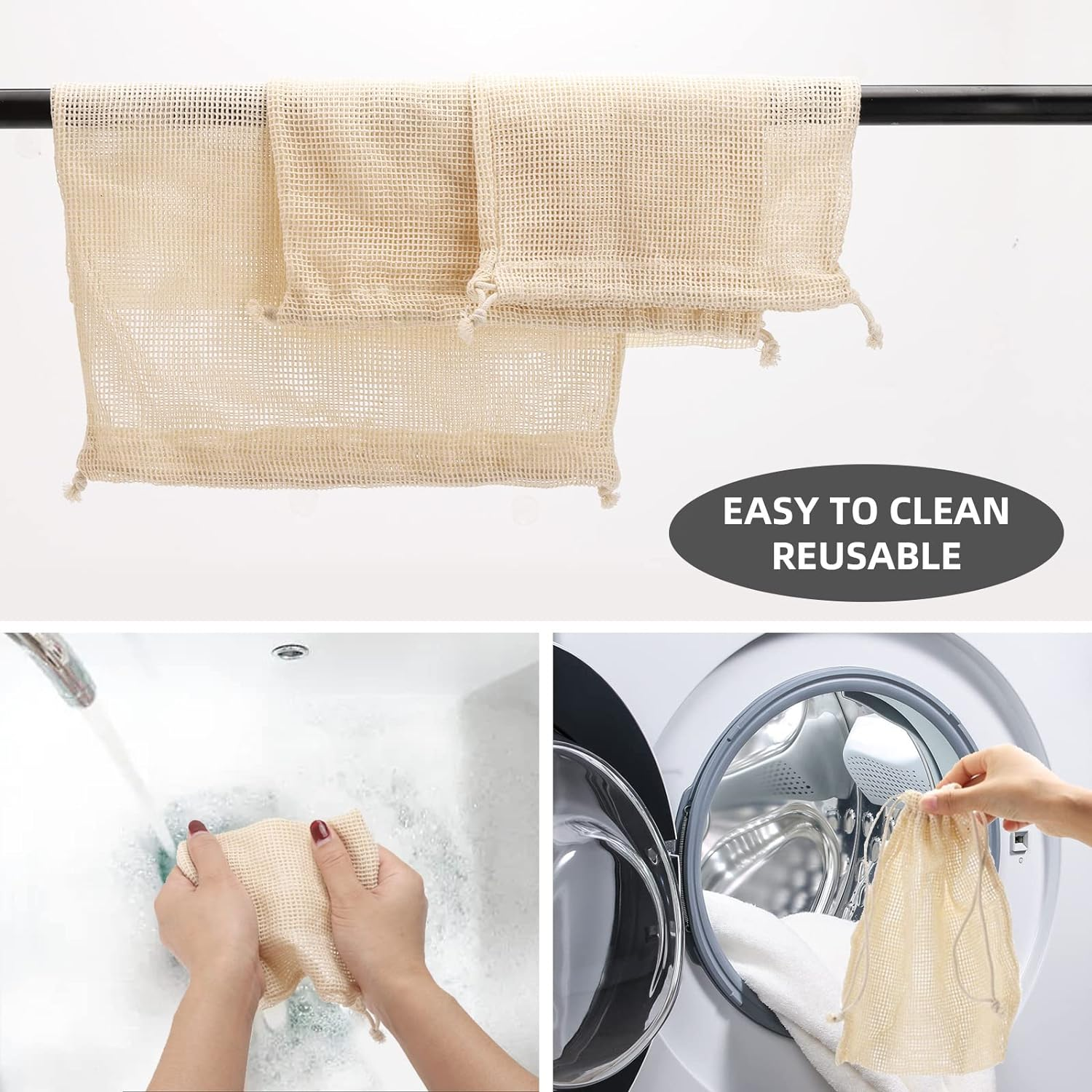 Reusable Produce Bags Grocery Washable - Set of 12 Cotton Mesh Produce Bags for Veggie Fruit Vegetable Storage, 3 Sizes (4L, 4M, 4S) image number 2