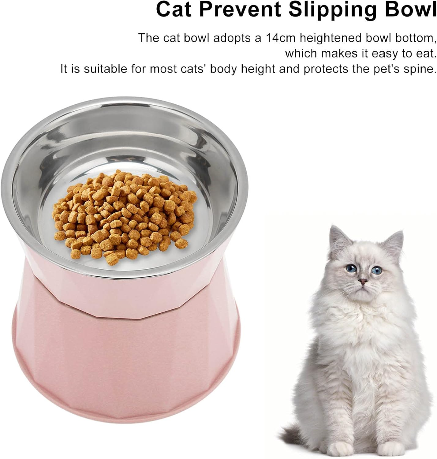 Cat Food Bowl, Stainless Steel Cat Bowl Increased Neck Protective Heavy Duty Cat Double Bowl, Raised Cats Bowls Elevated Tilted Puppy Dish Food Water Bowl Pet Food Water For(Pink [High Double Bowl]) image number 5