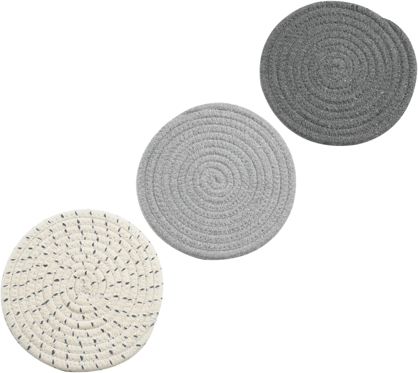 Potholders Set Trivets Set 100% Pure Cotton Thread Weave Hot Pot Holders Set (Set of 3) Stylish Coasters, Hot Pads, Hot Mats,Spoon Rest for Cooking and Baking by Diameter 7 Inches (Gray) image number 5