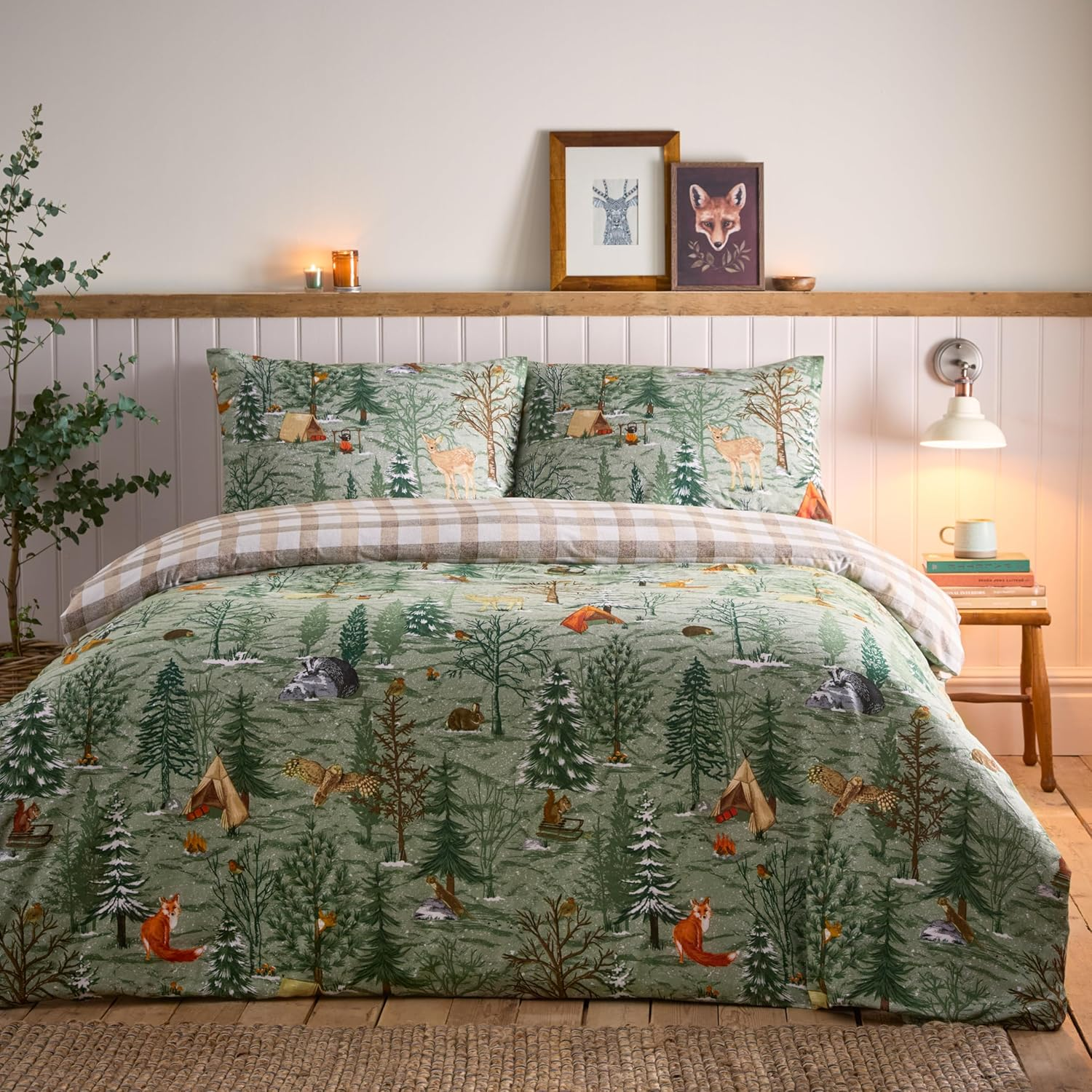 Furn. Lodge Wood Duvet Cover Set 100% Brushed Cotton Reversible &ndash; Warm Cosy Bedding (Oak Green &ndash; Single) image number 3