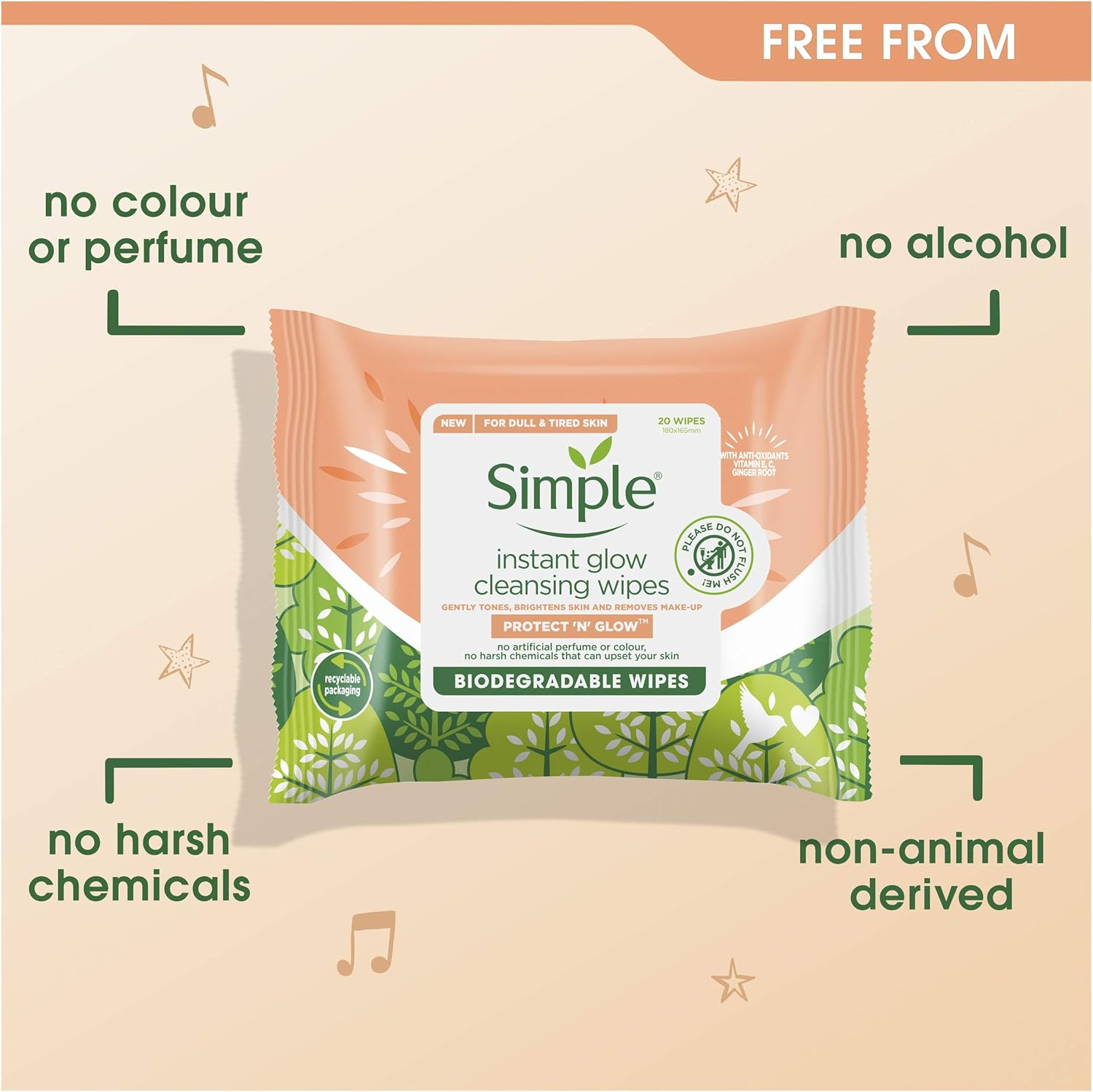 Simple Facial Wipes Protect N Glow Cleansing Bio 20 EA (Pack of 3) image number 1