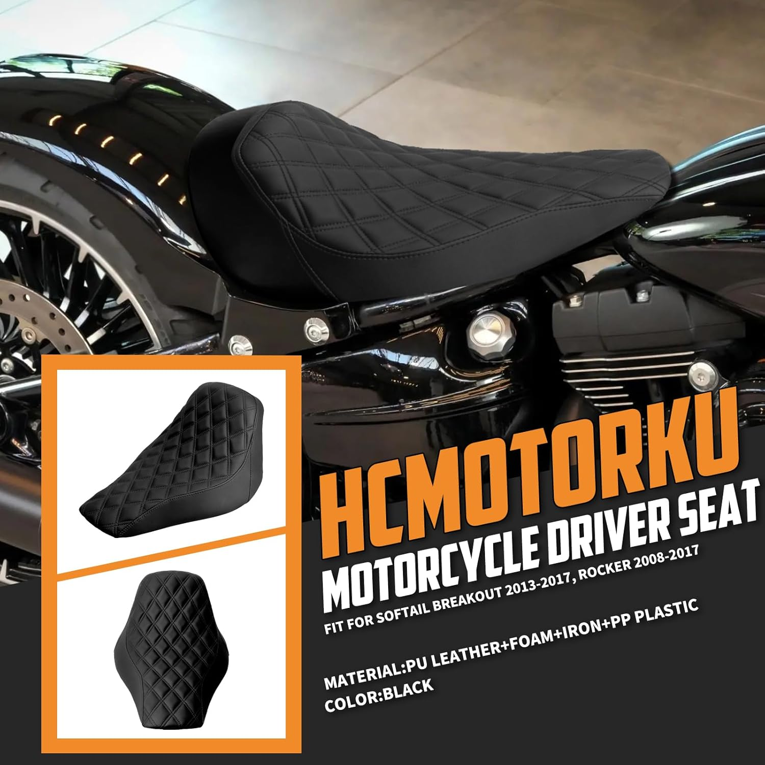 Motorcycle Front Driver Leather/Suede Cushion Pillion Seat Solo Seat Fit for Harley Softail Breakout 2013-2017 Rocker 2008-2017 (Black Stitching) image number 2