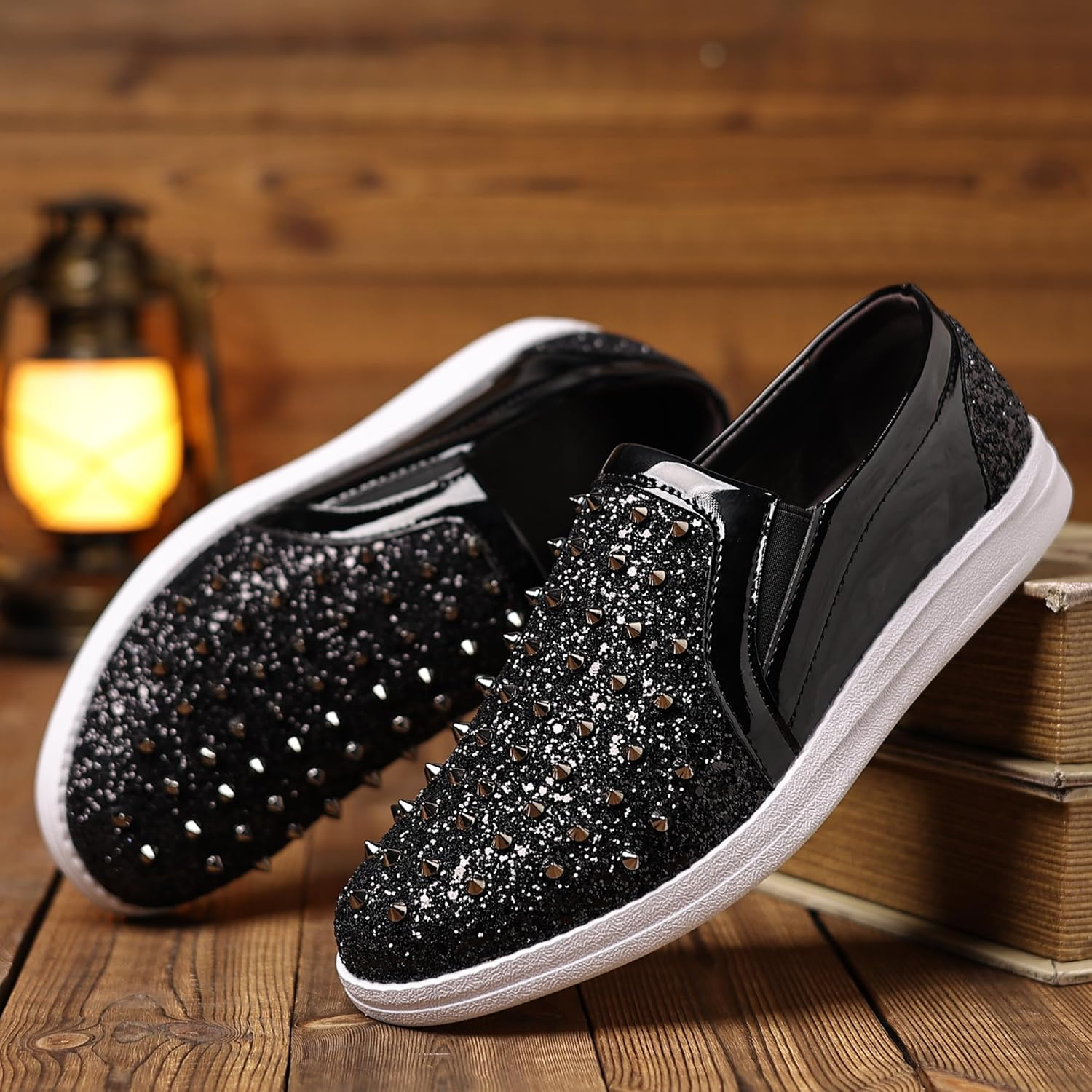 Trsorini Men'S Glitter Spikes Sneakers Sparkly Shiny Light-Up Shoes Metal Rivet Soft Sole Male Shoes image number 5