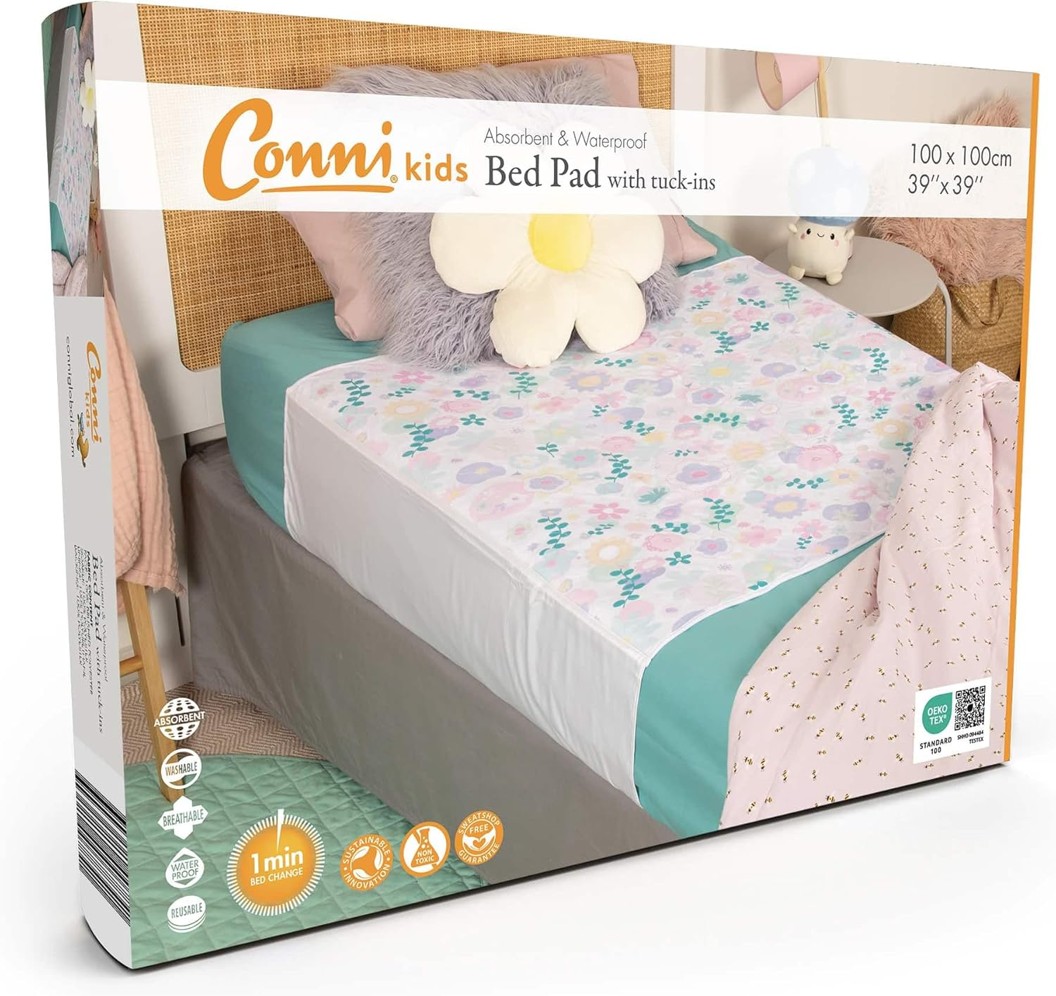 Conni Kids Reusable Bed Pad with Tuck-Ins, Waterproof, Absorbent and Washable Protector Pad for Toilet Training and Youth Incontinence, Aussie Animals Print, 100 X 100 Cm