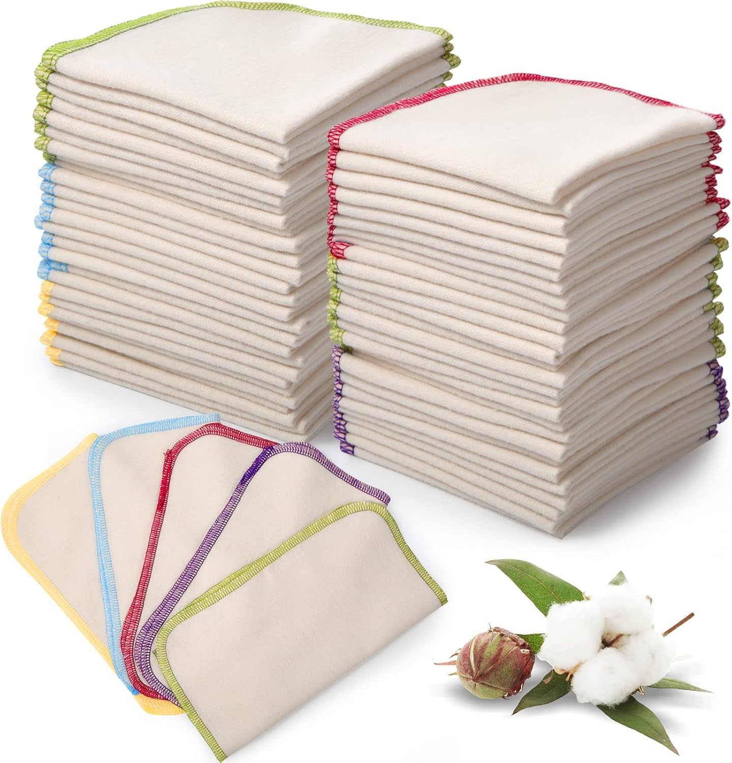 Mimorou 45 Pcs Flannel Cloth Baby Wipes - Reusable, Washable, Natural Unbleached Face Wipes - Soft and Sturdy, 5 Colors, Outer Stitching, 8 X 8 Inches, 1.0 Count image number 3