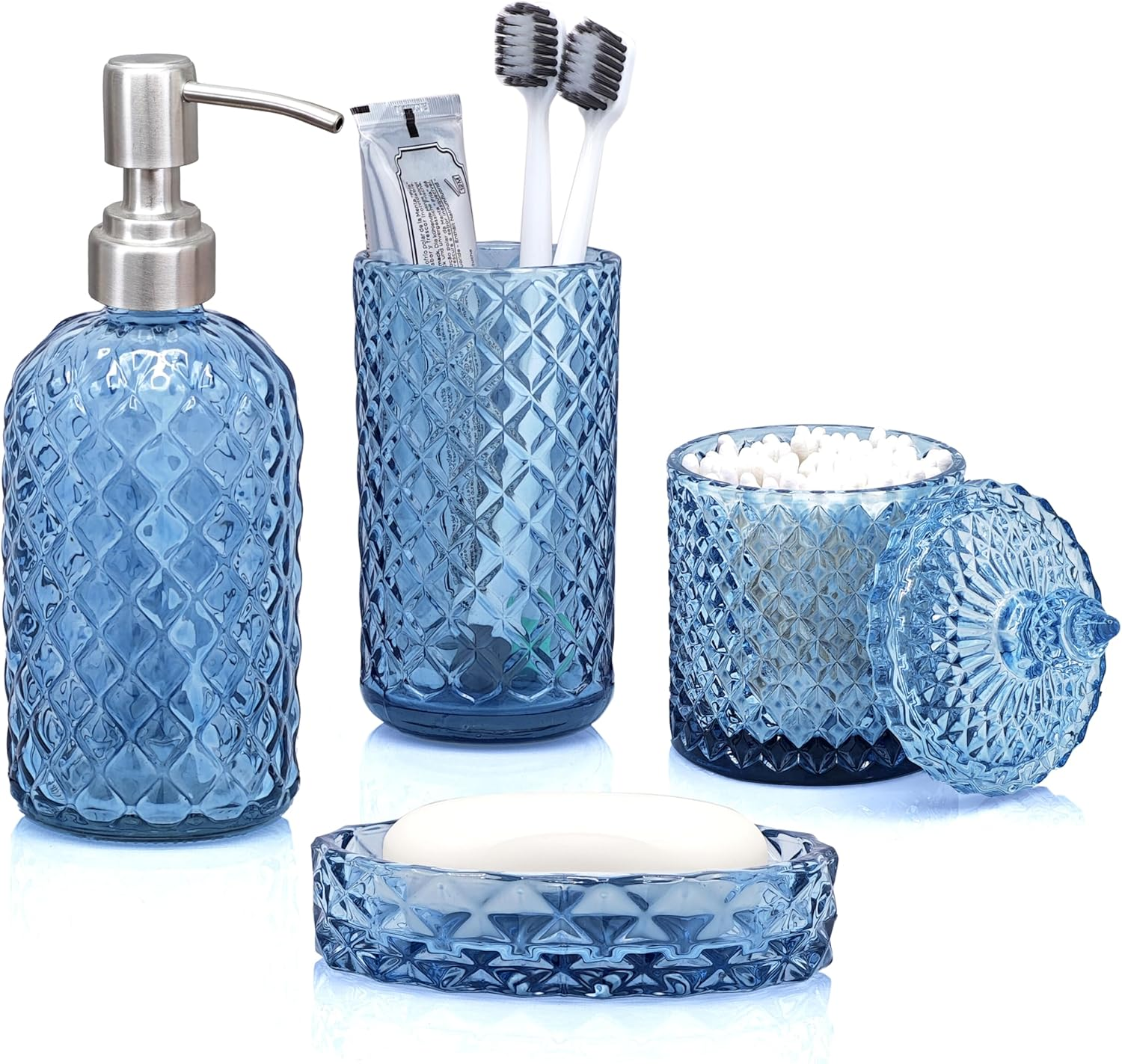 Lamarriti Blue Bathroom Accessories Set, 4Pcs Clear Glass Bathroom Accessory Set Complete, Lotion Soap Dispenser, Toothbrush Holder Set, Soap Dish, Qtip Holder for Modern Bath Decor, Light Blue image number 3