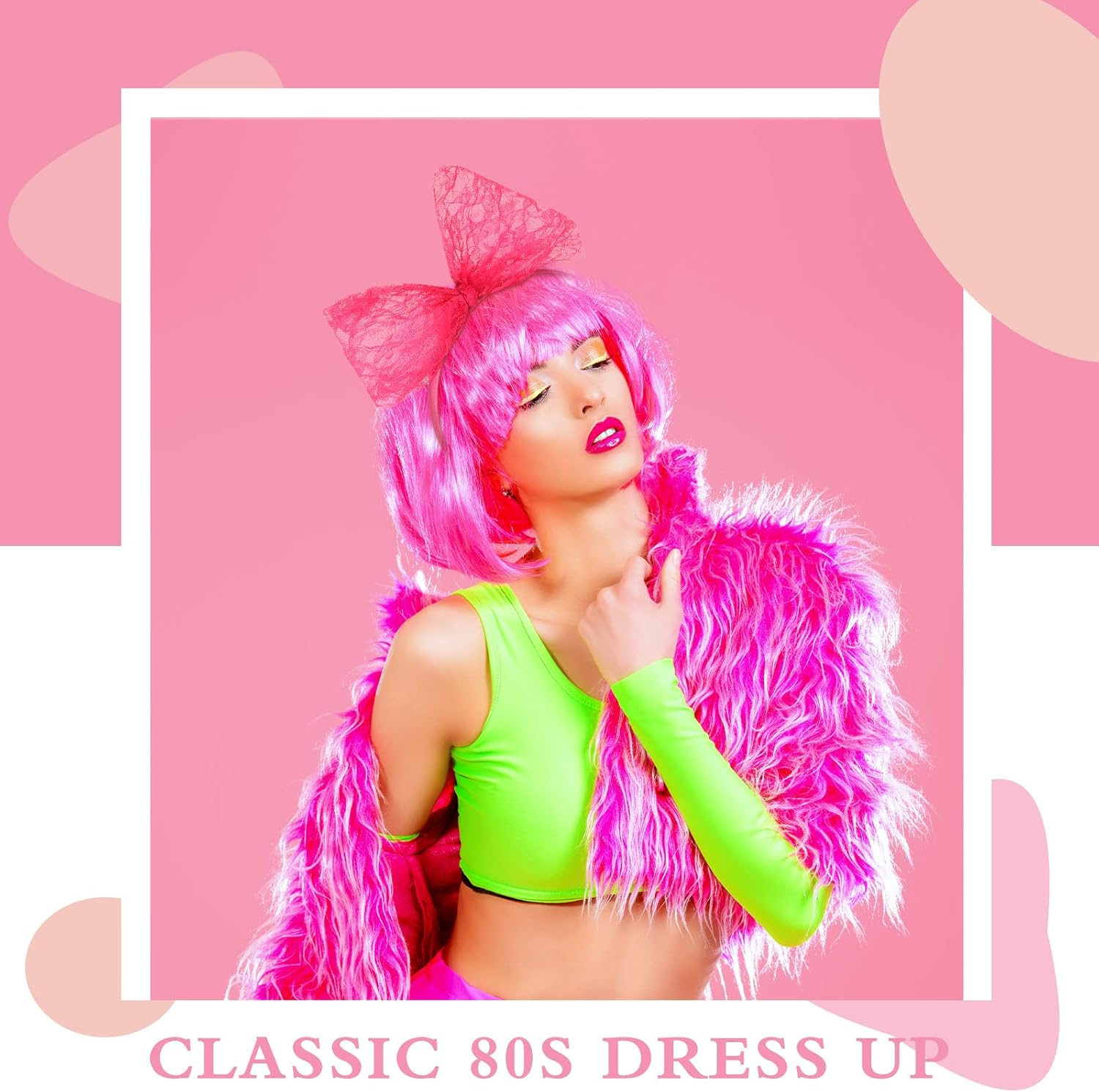 Xinnun Neon Lace Bow Headband for Women 80S Costume Headwear Lace Bow Hair Accessory 1980S Cosplay Accessories for 1980S Theme Party Halloween Hair Hoop Costume image number 4