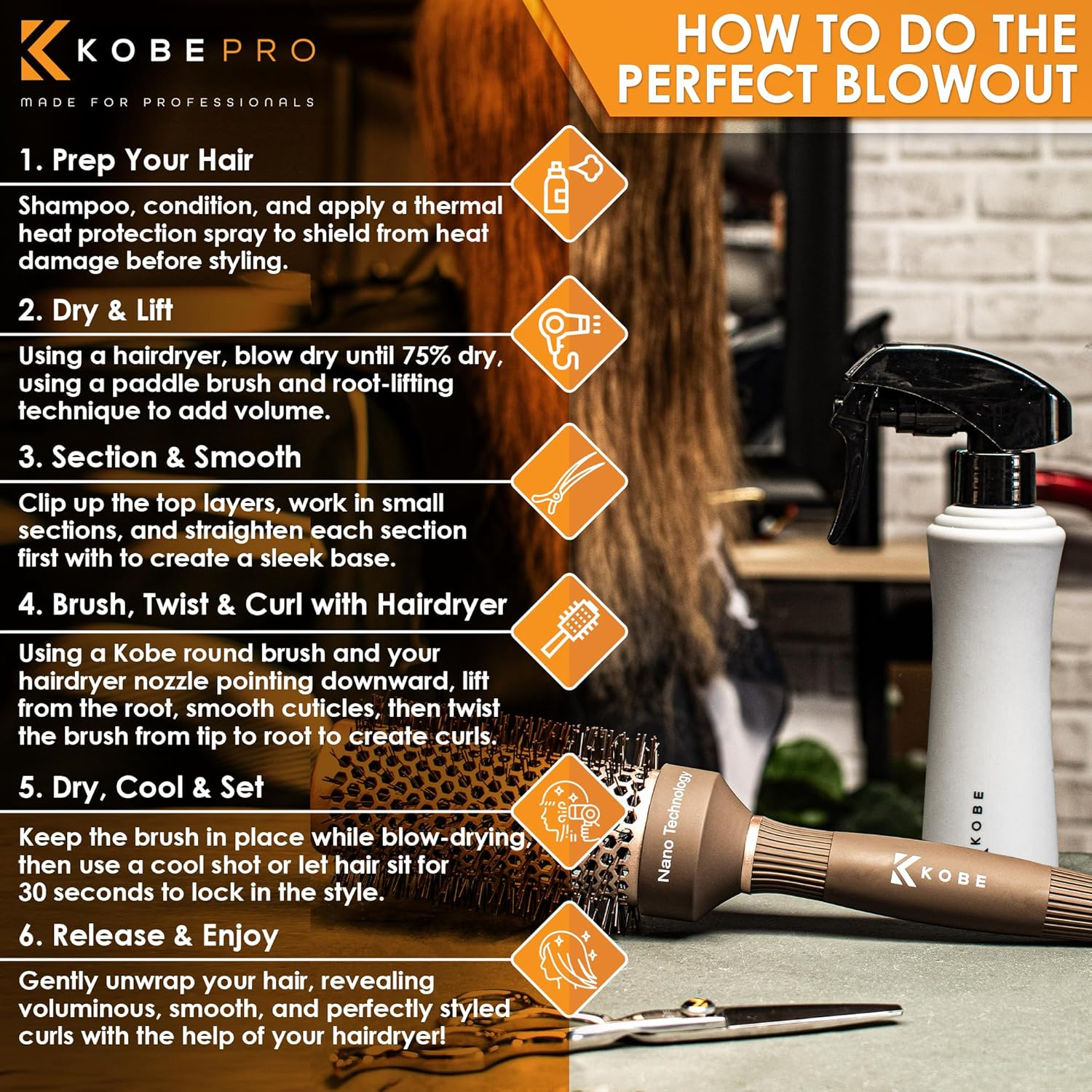 Kobe Professional Heat-Retaining Ceramic & Ionic round Hair Brush for Blow Drying - with Nanotechnology - Barrel Brush Set of 5 - Blow Dry Hair Brush image number 4