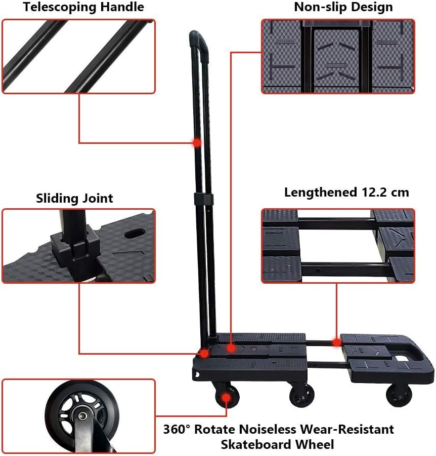 Folding Hand Truck, Wear-Resistant Noiseless 360&deg;Rotate 7 Wheels 245KG/540LBS Capacity Extendable Large Base Adjustable Handle Portable Heavy Duty and Durable Trolley Dolly for Cargo Handling Shopping image number 4