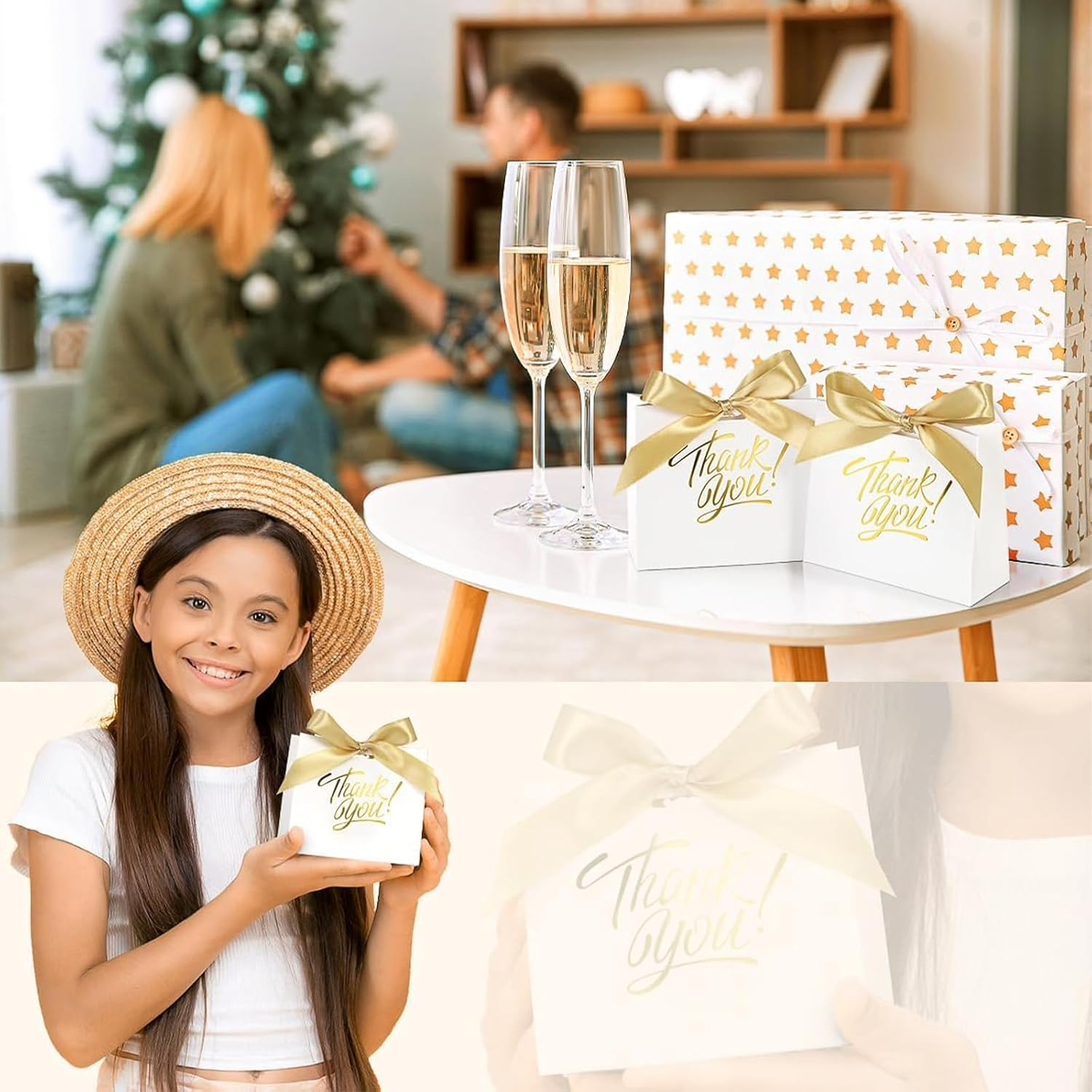 50Pcs Small Thank You Gift Bags, 12 * 4.5 * 10Cm Party Favor Bags Boxes with Bow Ribbon, Small Paper Gift Bags White Mini Candy Treat Bags for Birthday Wedding Party Holiday (4.5X1.8X3.9 Inch) image number 3