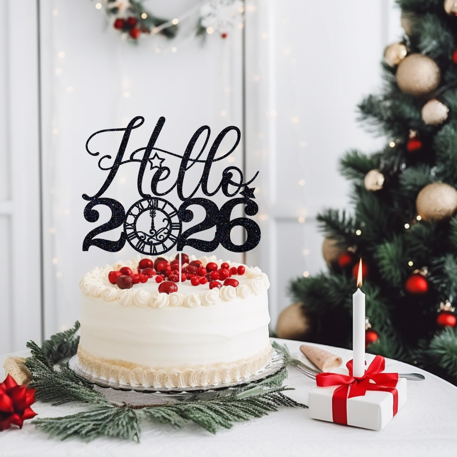 Hello 2025 Cake Topper, Happy New Year Cake Topper, Cheers to 2025, 2025 Happy New Years Eve Party Decorations Supplies (Black Glitter) image number 6