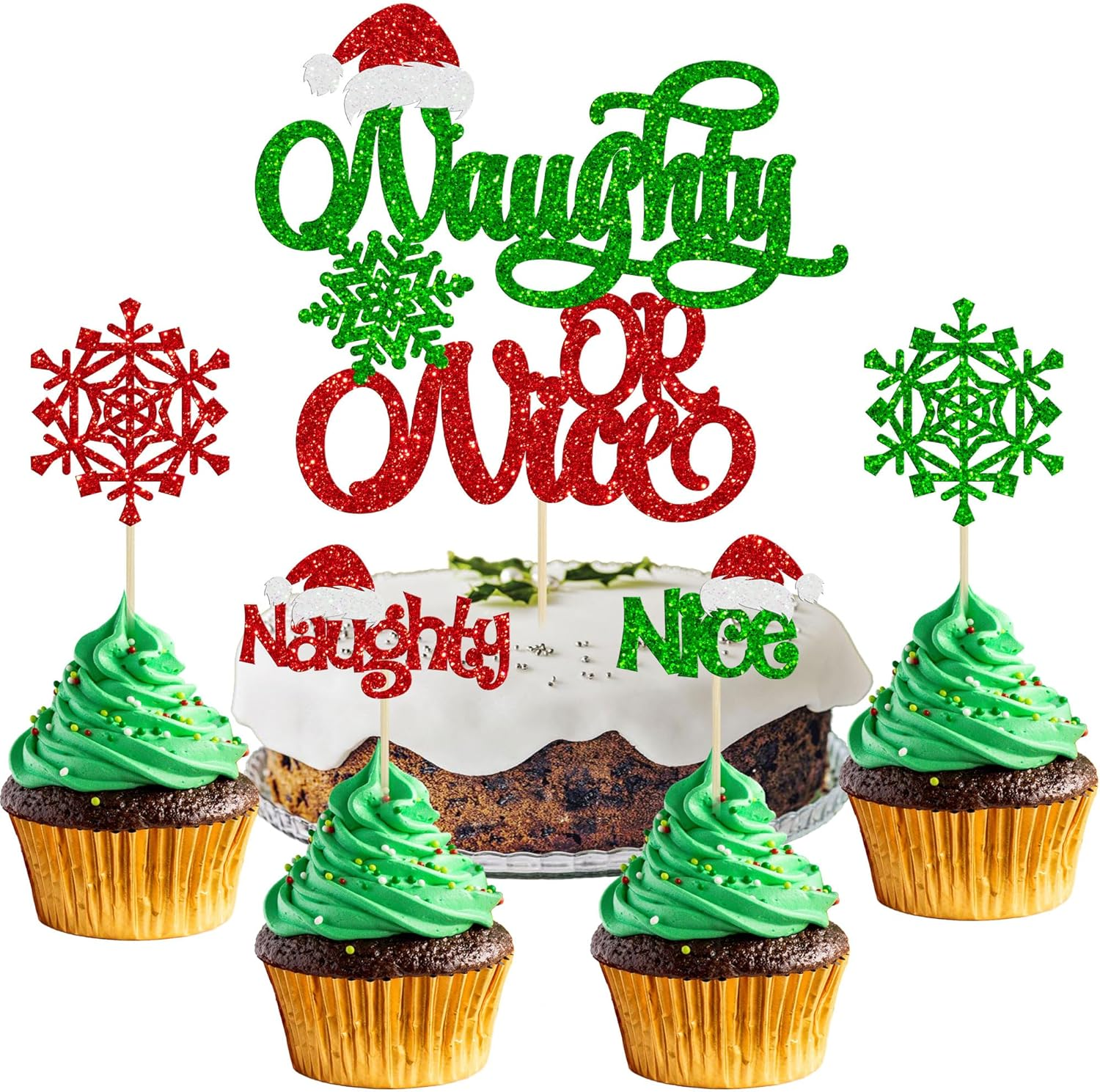 Gyufise 1Pc Naughty or Nice Cake Topper Red Green Glitter Santa Hat Snowflake Christmas Cake Decoration for Naughty Merry Christmas Theme Birthday Baby Shower Party Happy New Year Party Supplies