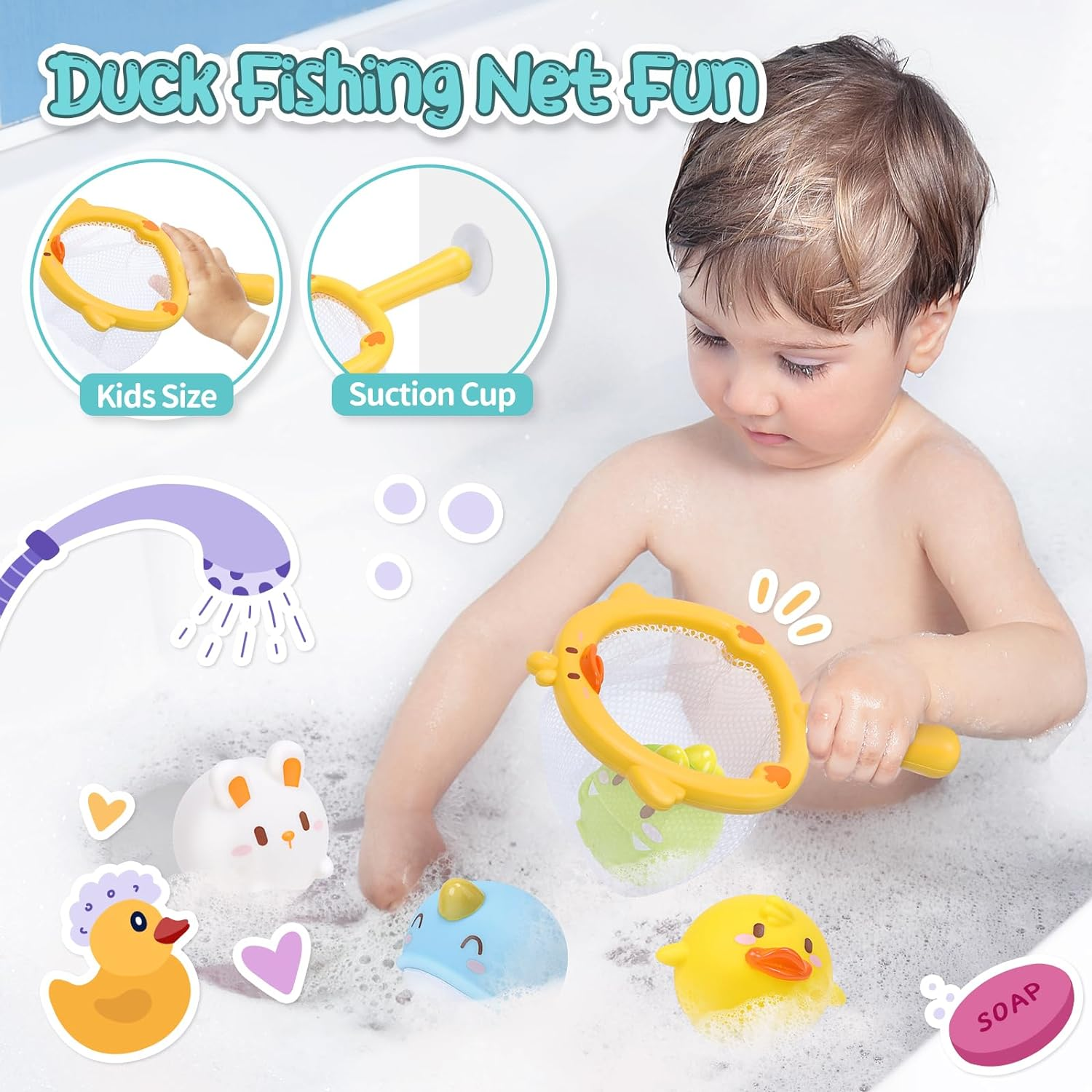CUTE STONE Baby Bath Toys, Bathtub Toy W/ Water Slide Building Track, No Hole Floating Squirting Toys, Duck Fishing Net Game, Toddler Shower Toys, Water& Pool Toys, Educational Gifts for Boys Girls image number 4