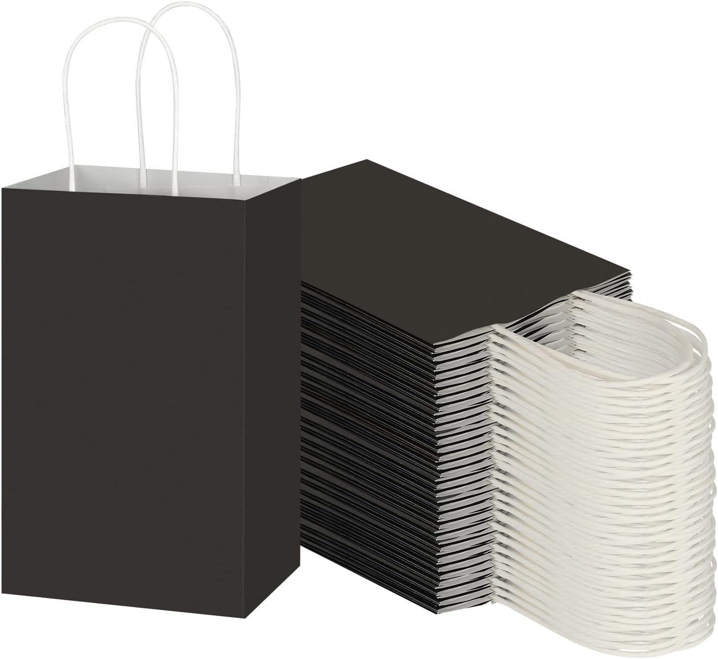 Toovip 100 Pack 5.25X3.25X8.25 Inch Small White Kraft Paper Bags with Handles Bulk, Gift Wrap Bags for Favor Grocery Retail Party Birthday Shopping Business Goody Craft Sacks Merchandise Take Out Cub