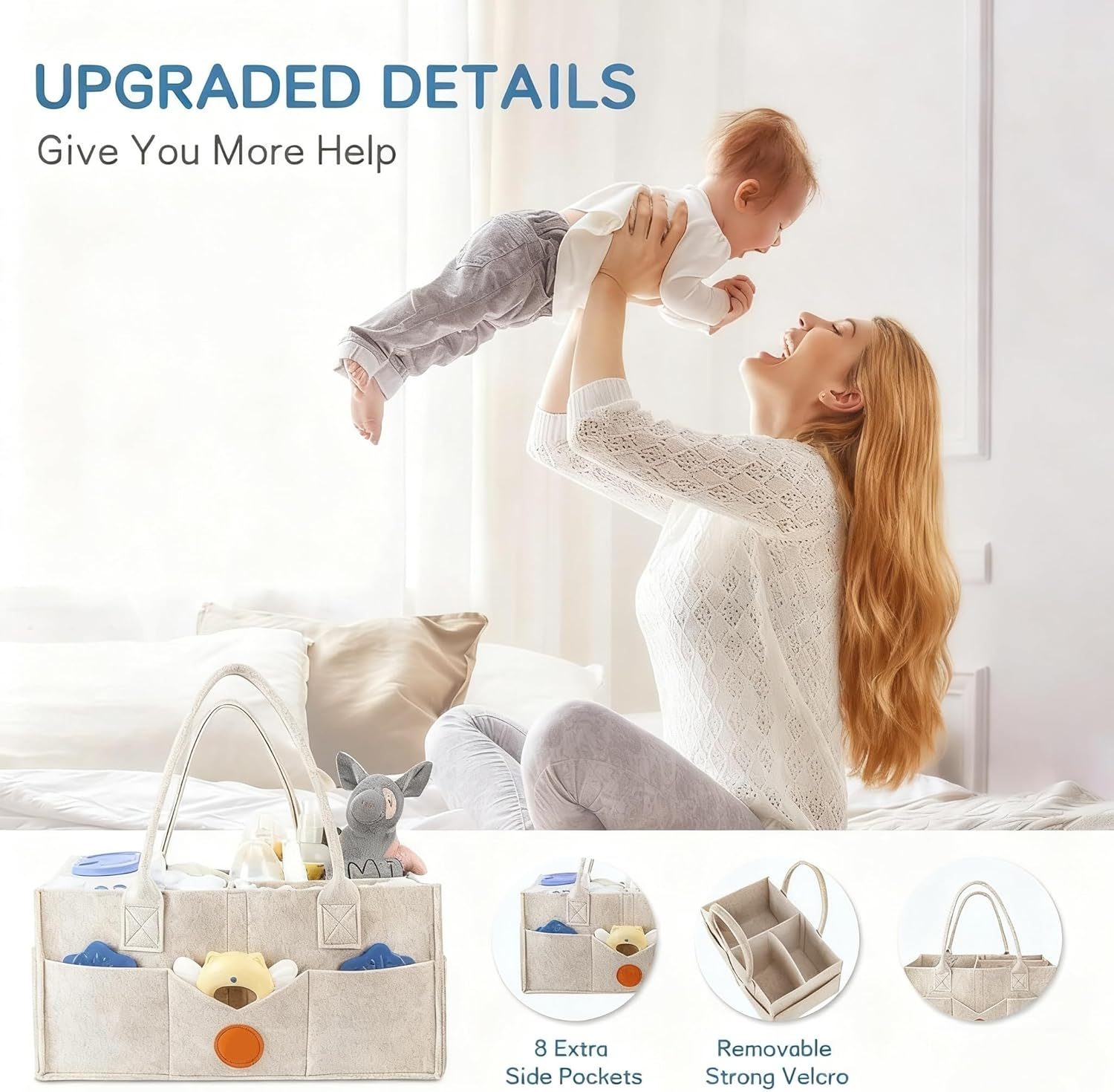 Baby Diaper Caddy Organizer, Nappy Caddy Organiser, Felt Cloth Multi Pocket Storage Bin Basket with Handle for Indoor Outdoor (Grey) image number 1