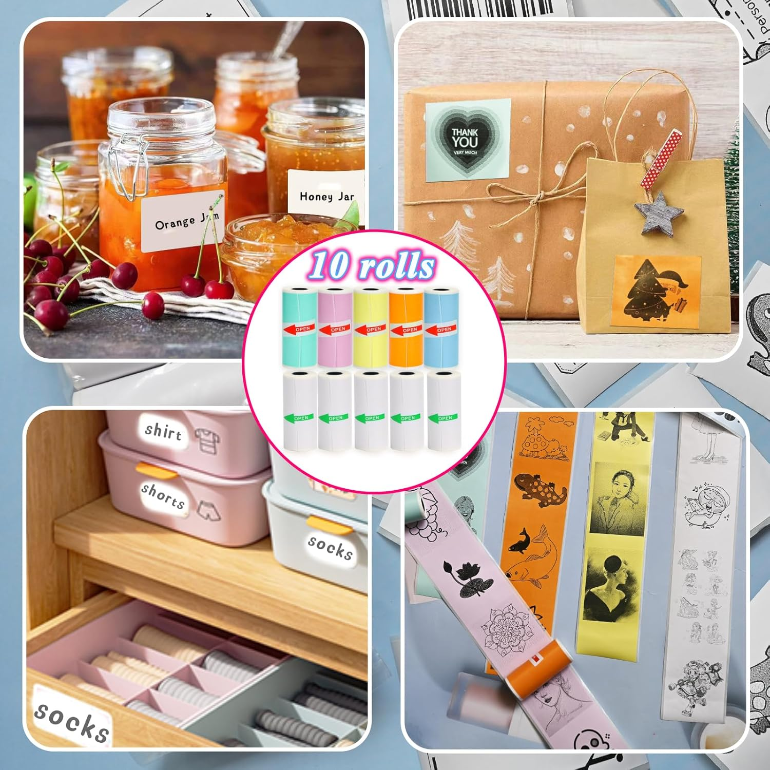Rifanda 10 Rolls Thermal Sticker Paper, 57Mm X 25Mm, 5 Rolls White, 5 Rolls Colorful, for Most Mini Thermal Printers, Study Notes, Photos, Journals, Memo Lists image number 1