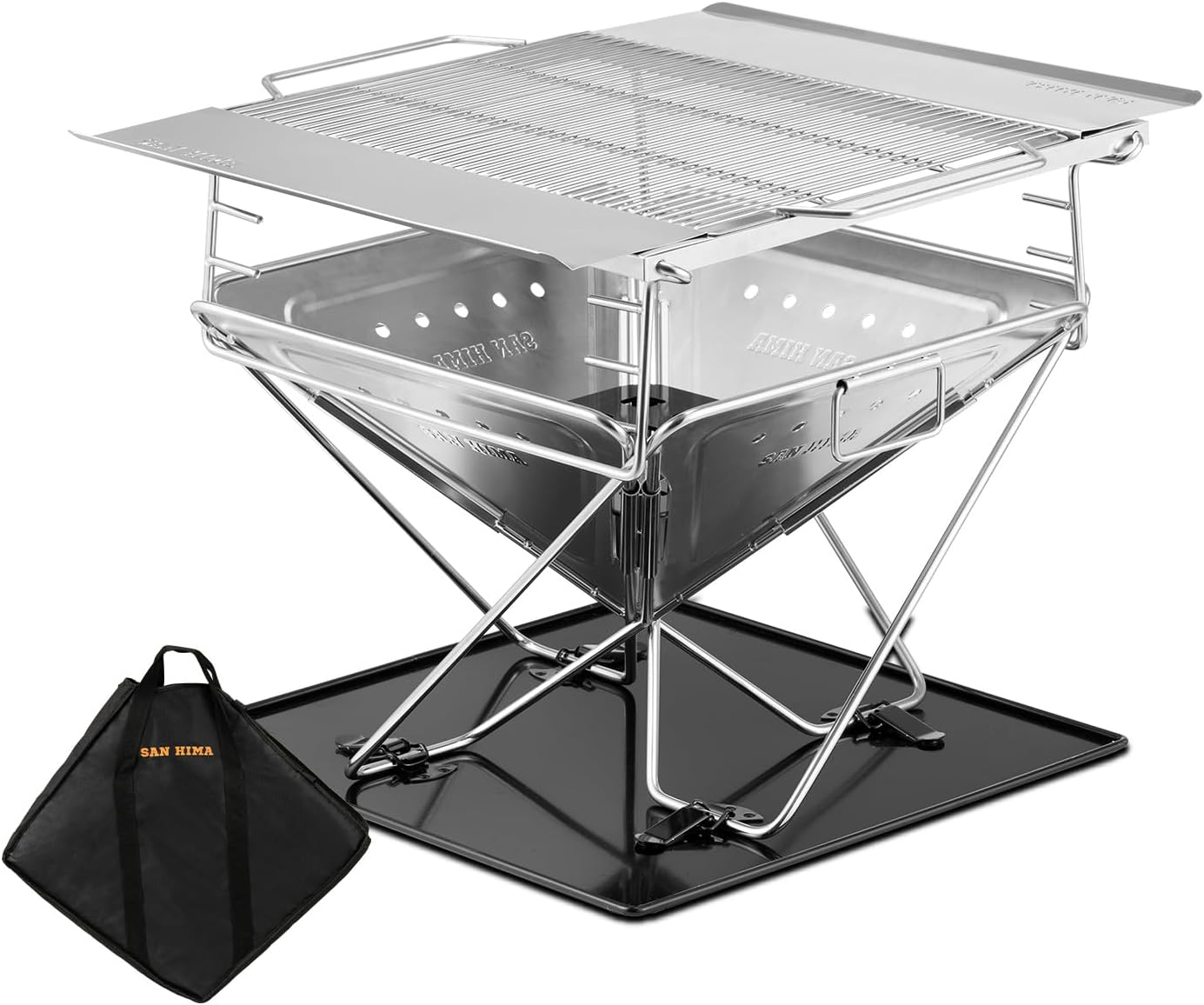 SAN HIMA Portable Camping Fire Pit 43CM X 43CM with Handle - Adjustable Grill & Side Plates Heavy Duty 304 Stainless Steel Foldable Firepit with Carrying Bag for Outdoor Camping BBQ image number 5