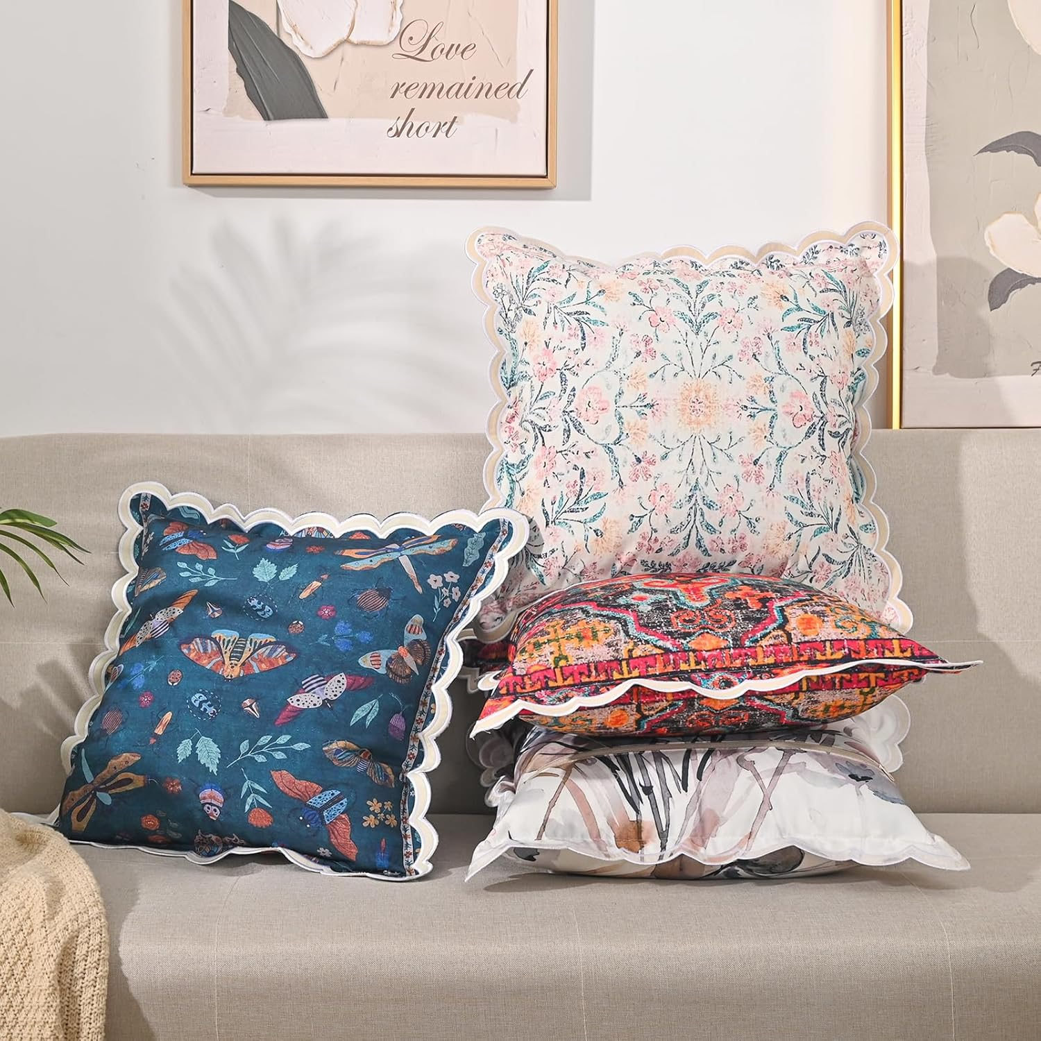 Fjdcslwx Boho Floral Throw Pillow Covers Set of 2 Colorful Bohemian Flower Decorative Scalloped Wavy Edge Designs Pillowcase for Bedroom Sofa Living Room Bed Square Pillow Case Cushion 18X18 Inch - Pink image number 6