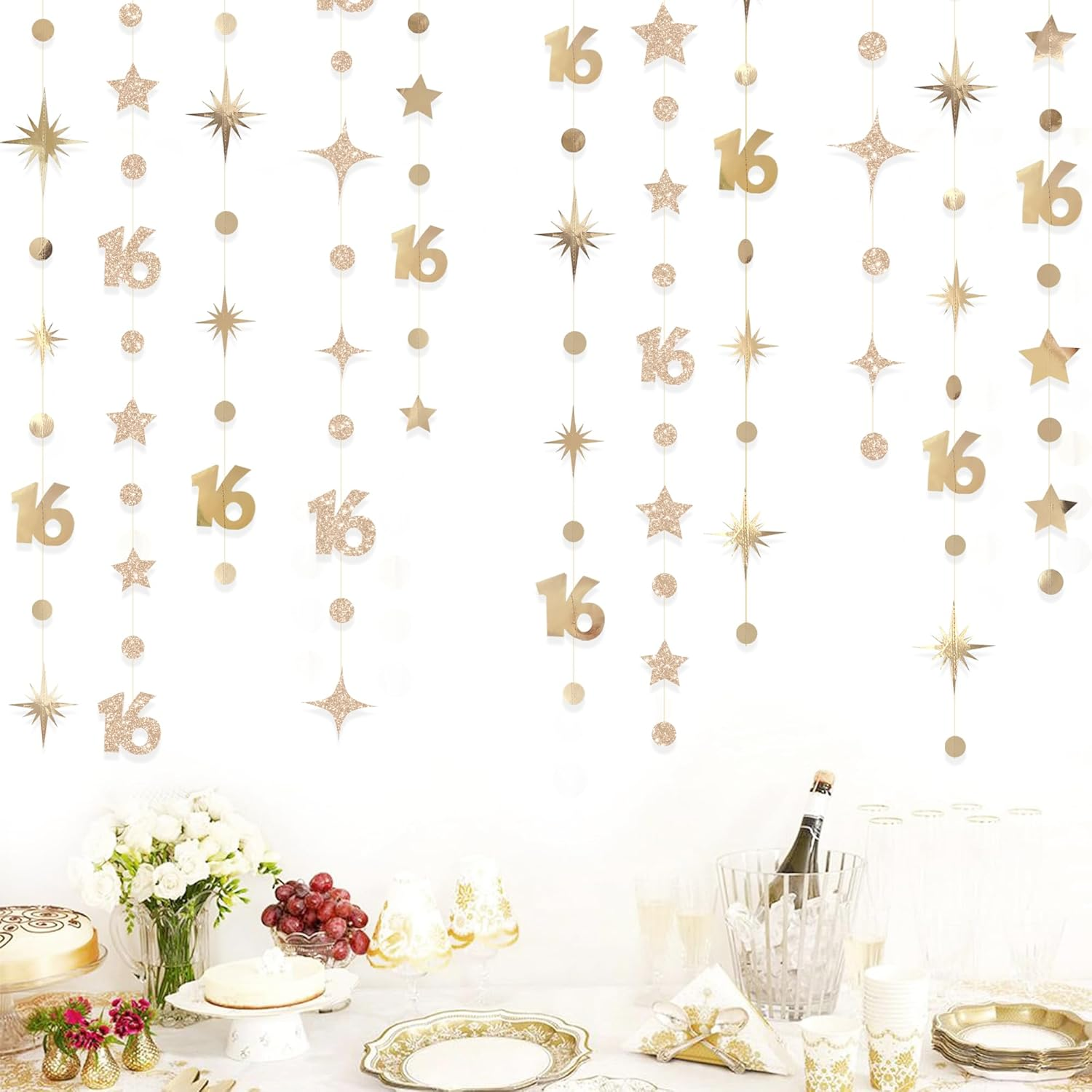 Champagne Gold 16Th Circle Dot Star Garland Streamer Champagne Gold Metallic Glitter Paper Number 16 Hanging Banner for Sweet 16 Years Old Sixteen Birthday 16Th Anniversary Party Decorations Supplies image number 5
