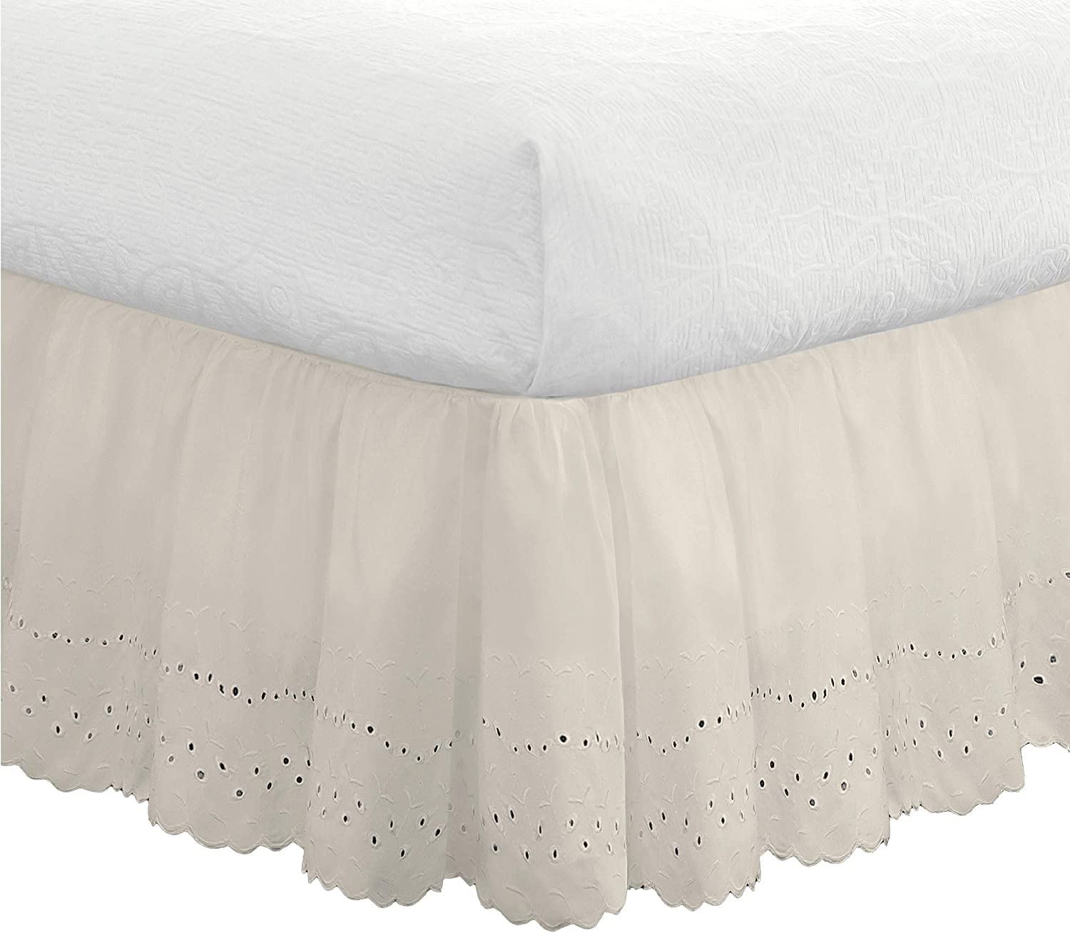 Eyelet Ruffled Bedskirt &ndash; Ruffled Bedding with Gathered Styling &ndash; 18&rdquo; Drop, Queen, Bone Ivory
