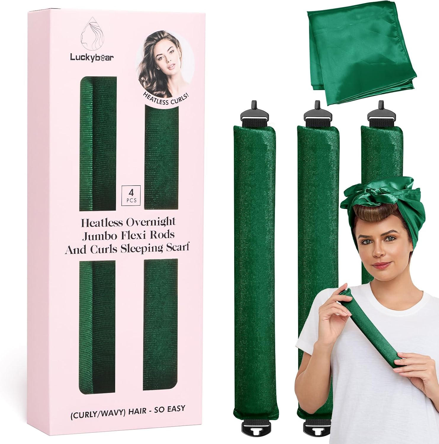 Heatless Curls Overnight Rods Jumbo Set, Heatless Hair Curler Velvet Satin Jumbo Flexi Rods to Sleep In, No Heat Overnight Sleeping Blowout Curls Wave Styling Tools with Silk Scarf 4Pcs Dark Pink