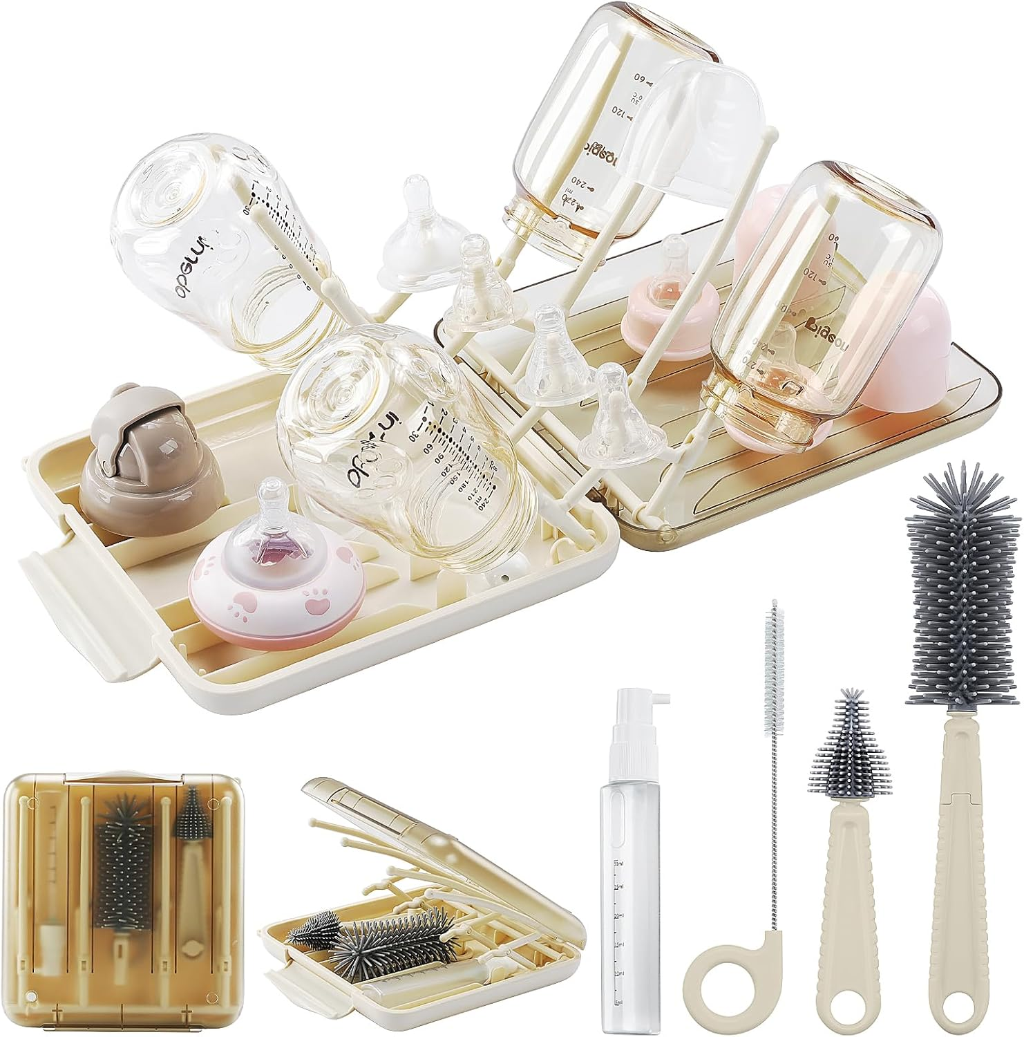 Travel Baby Bottle Cleaner Kit with Baby Bottle Drying Rack,Snap-On Extendable Silicone Baby Bottle Brush,Nipple-Shaped Brush,Straw Cleaner Brush,Baby Bottle Soap Dispenser.Pink.