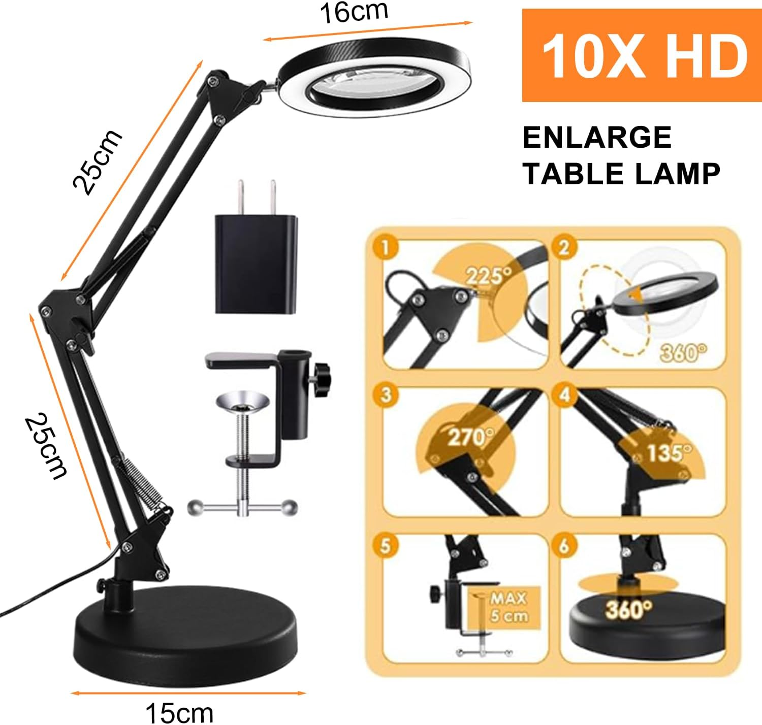 Magnifying Glass with Light and Stand, 10X LED Magnifying Glass, 3 Color Modes 10 Levels Dimming, for Home, Office, Drawing, Tailoring, Soldering image number 6