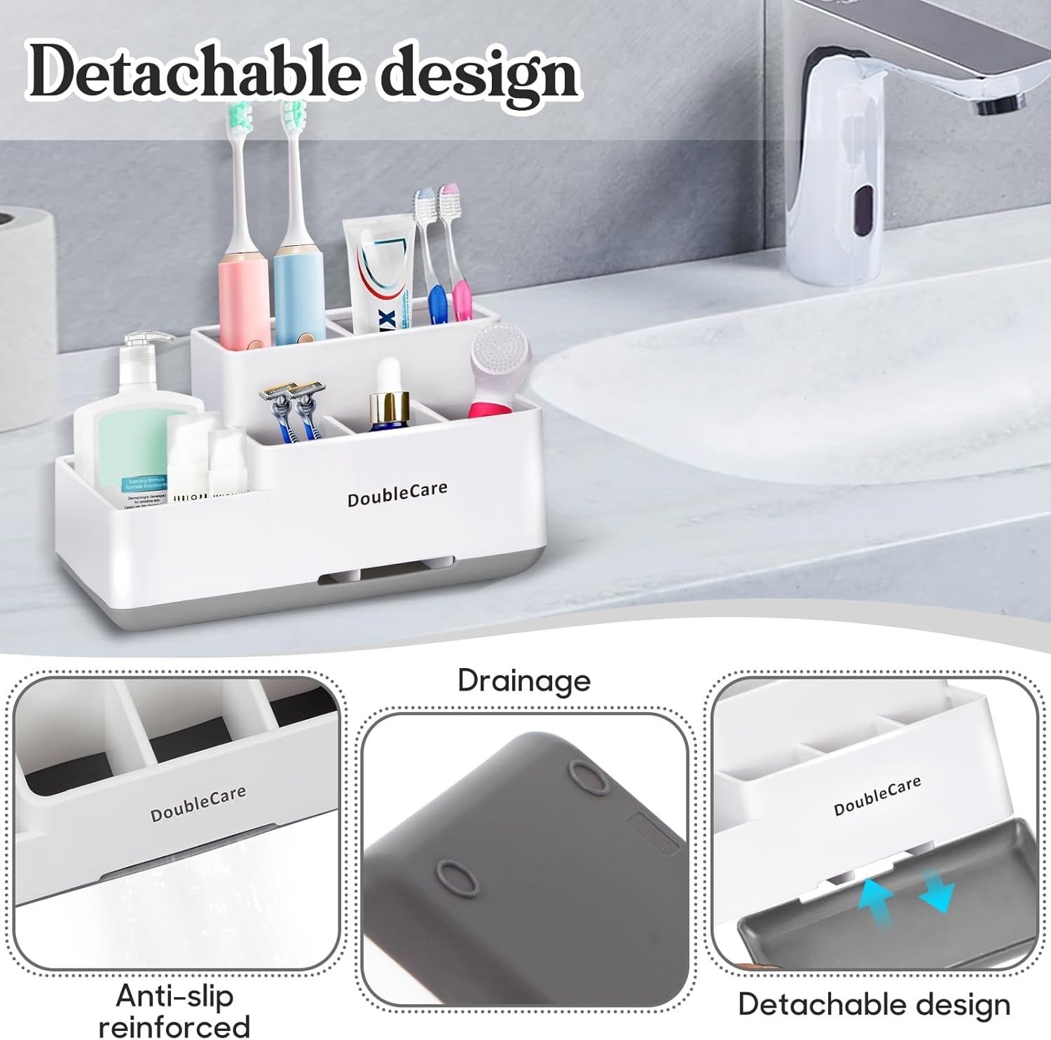 Toothbrush Holder with Anti-Slip,Bathroom Organizer Countertop Detachable for Easy Cleaning, Multifunctional Storage,Bathroom Caddy for Toothpaste (White)