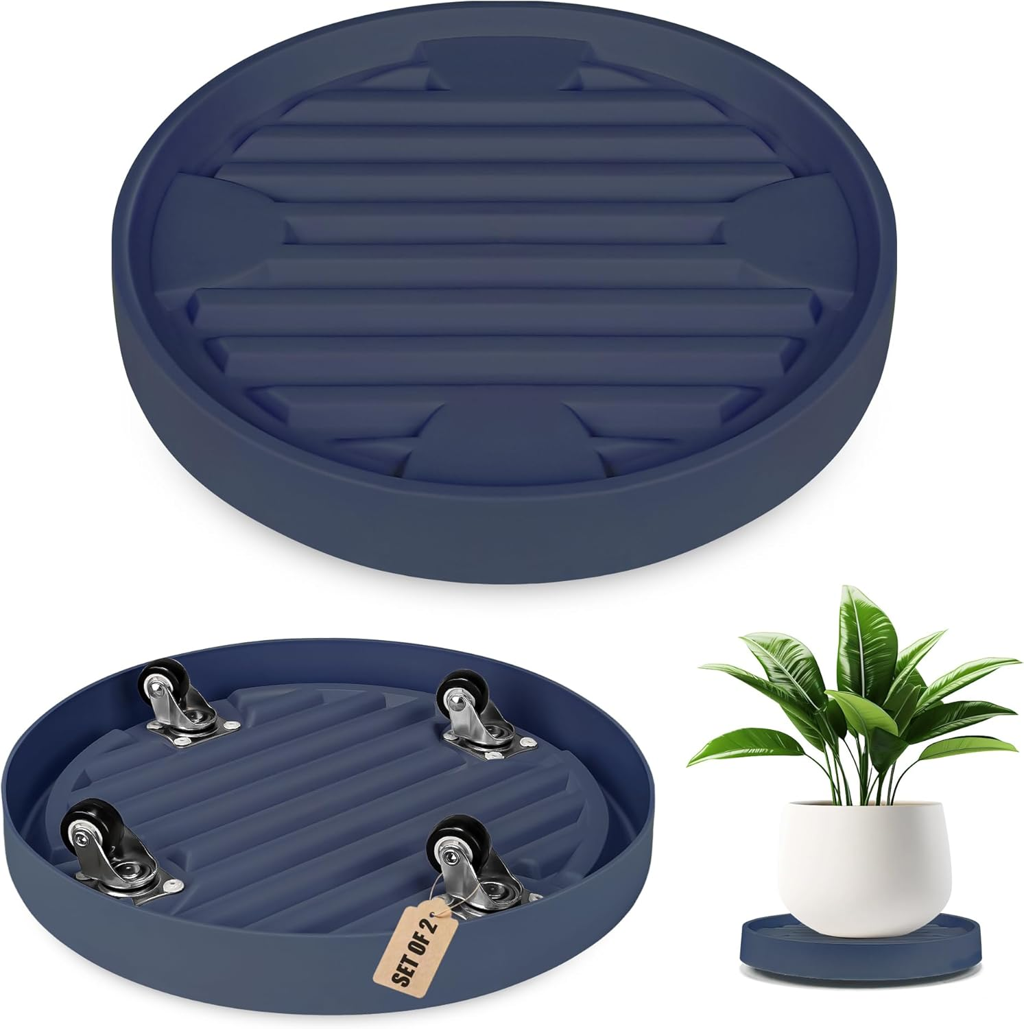 30Cm Plant Caddy with Hidden Wheels, 4 Invisible Caters, Rolling Plants Stand with Wheel Dolly, Wheeled Planter Roller Base, Indoor Pots Holder Tray Plants Pallet, Dark Blue-Grey, 2Pack image number 3