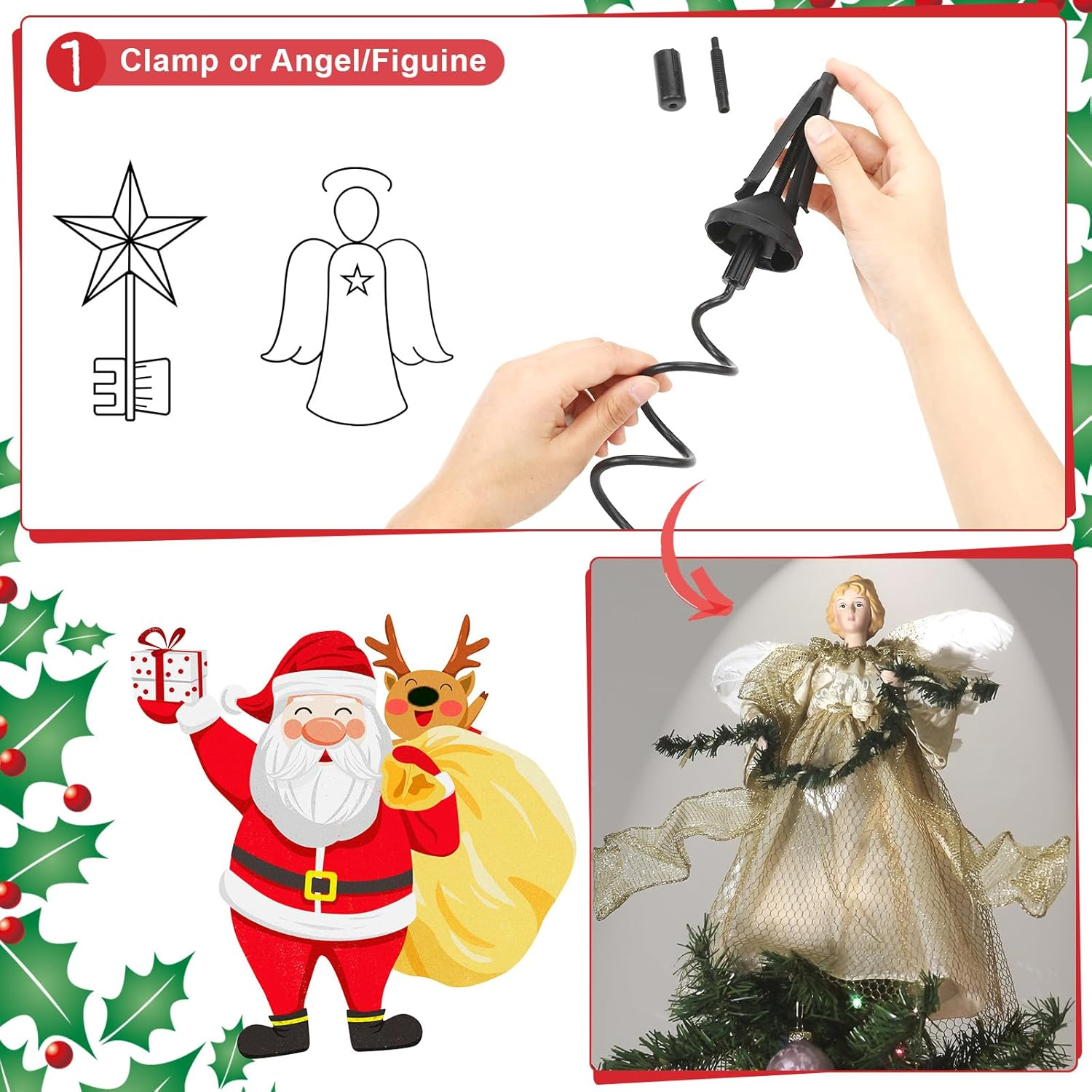 Christmas Tree Topper Holder - Universal Twist-On Stabilizer and Adapter for Floral Toppers - Adjustable Plastic Support Spiral with Attachment (Black)