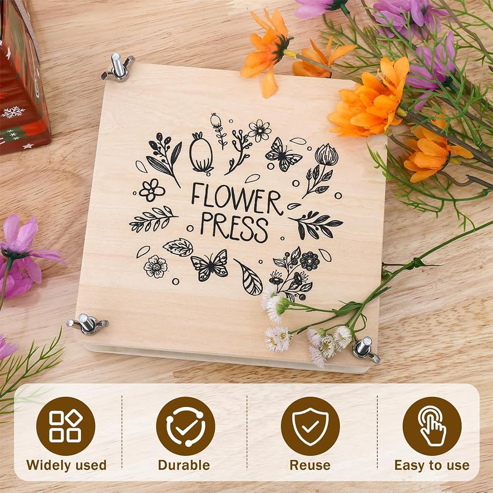 Portable Flower Pressing Kit,18&times;18Cm Wood Flower Leaf Plant Press Kit,Including Wooden Boards &times;2,Stainless Steel Screws &times;4,Absorbent Plates X4,Sponge X4,Backing Paper X10,And Thick Sealed Bag X2 image number 5