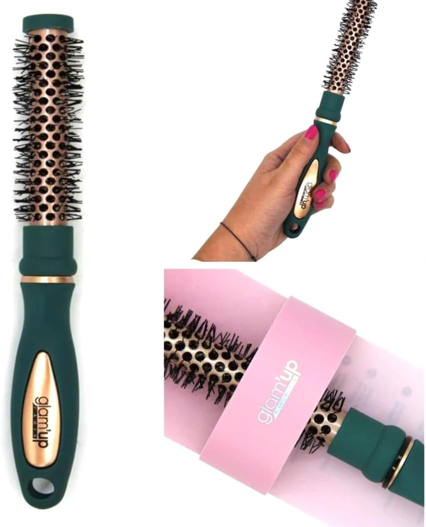 Glam'Up Paris round Brushing Brush - Mini Brush with Thermal Ceramic - Long Lasting - Ideal for Short and Medium Hair - Green Rose Gold