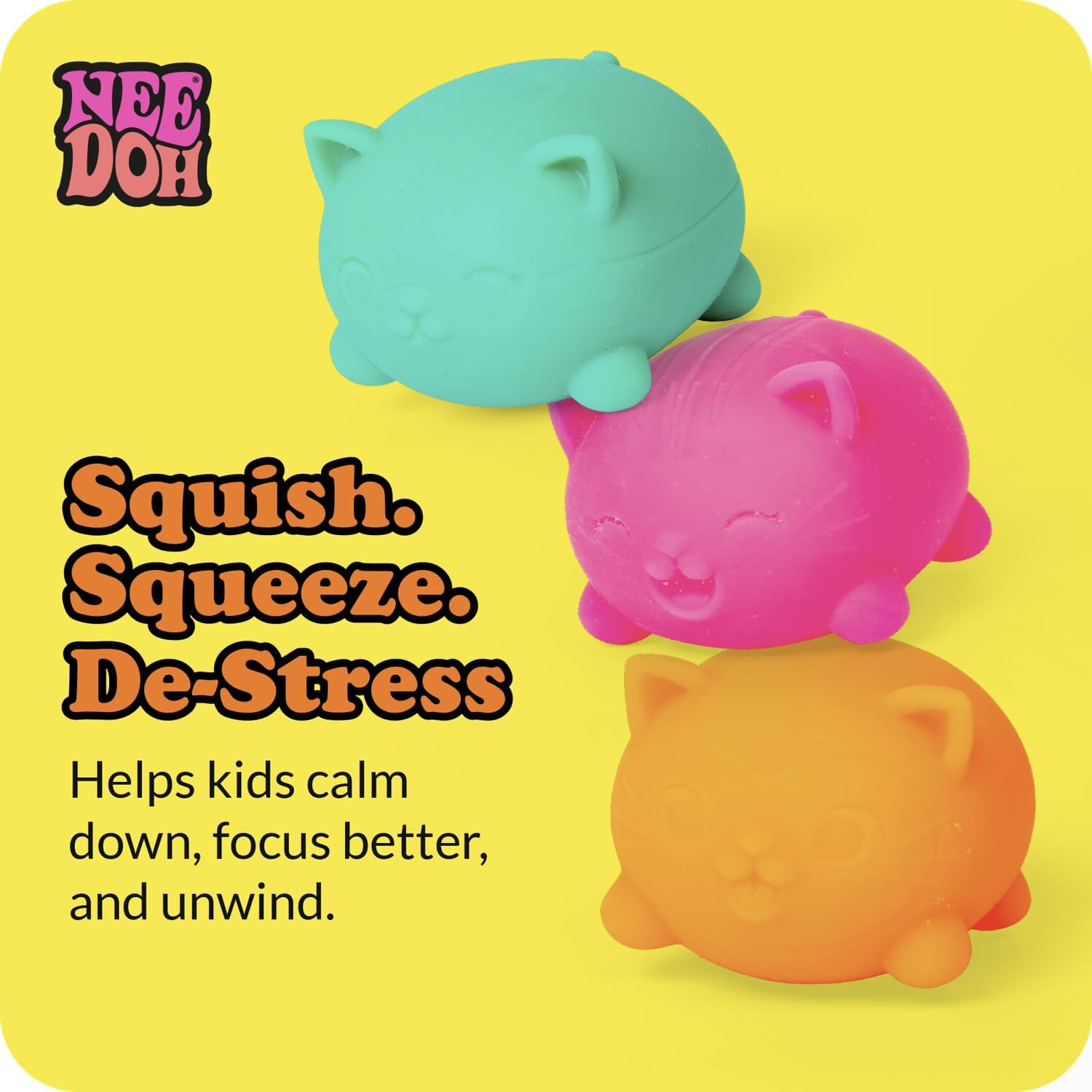 Needoh Cool Cats Teenie - Groovy Squishy Stress Toy, 3 Pack, Soft, Squeezable & Dough-Filled, Fun Sensory Fidget for Kids & Adults, Assorted Colours & Expressions,Ages 3+ image number 1