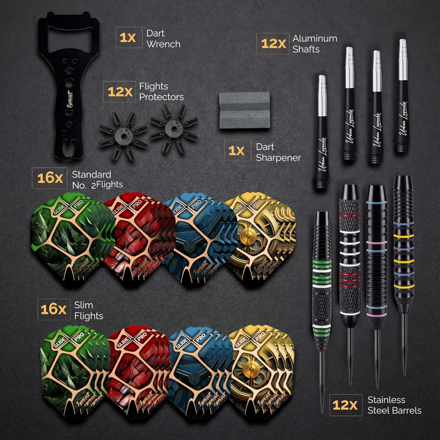 Ignatgames Premium Steel Tip Darts &ndash; 3/6/12 Pack Brass Barrels with Aluminum Shafts, 16 Glidexpro Flight Set, Tool Kit & Giftable Case - Manhattan Midnight image number 3